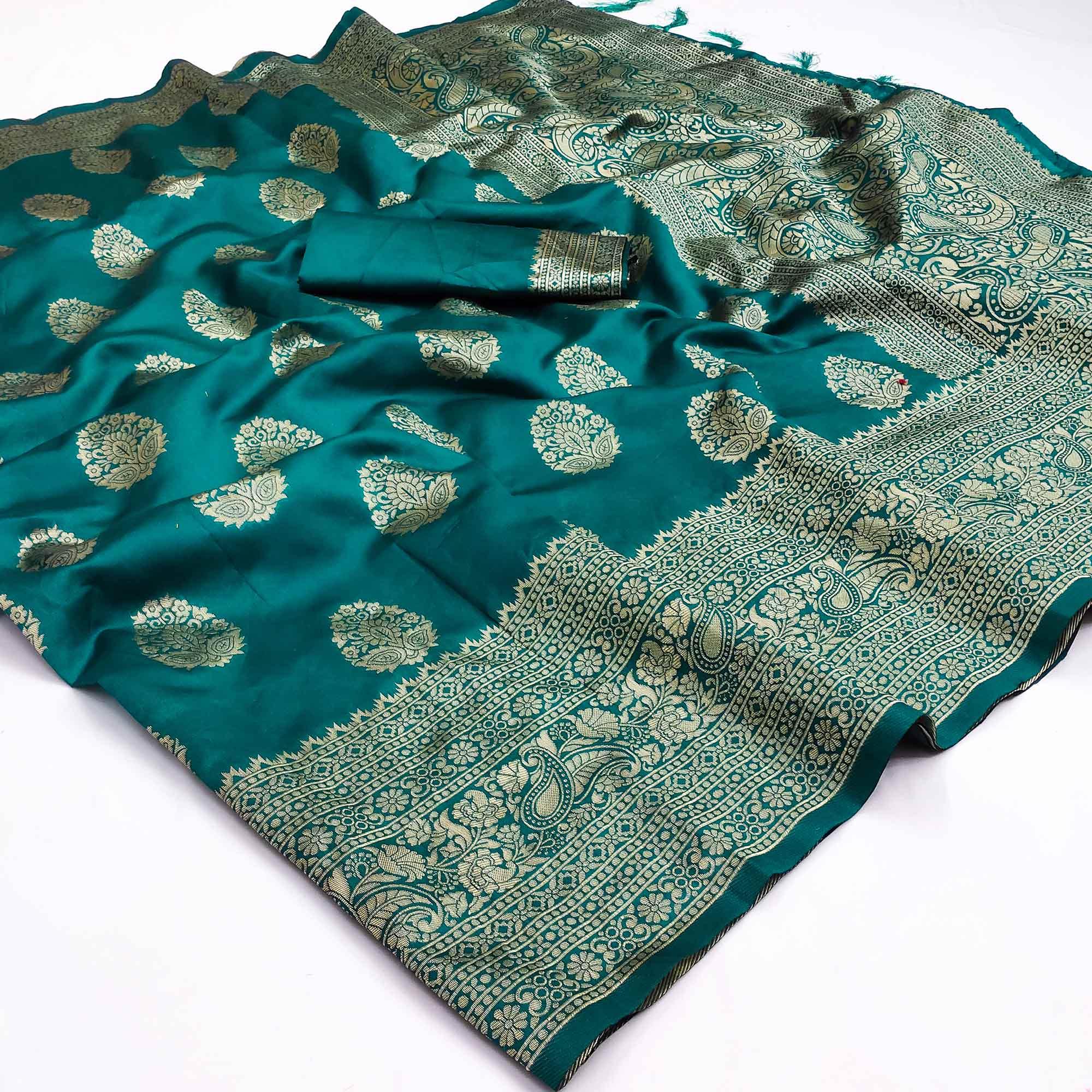 Rama Green Festive Wear Woven Cotton Silk Saree - Peachmode