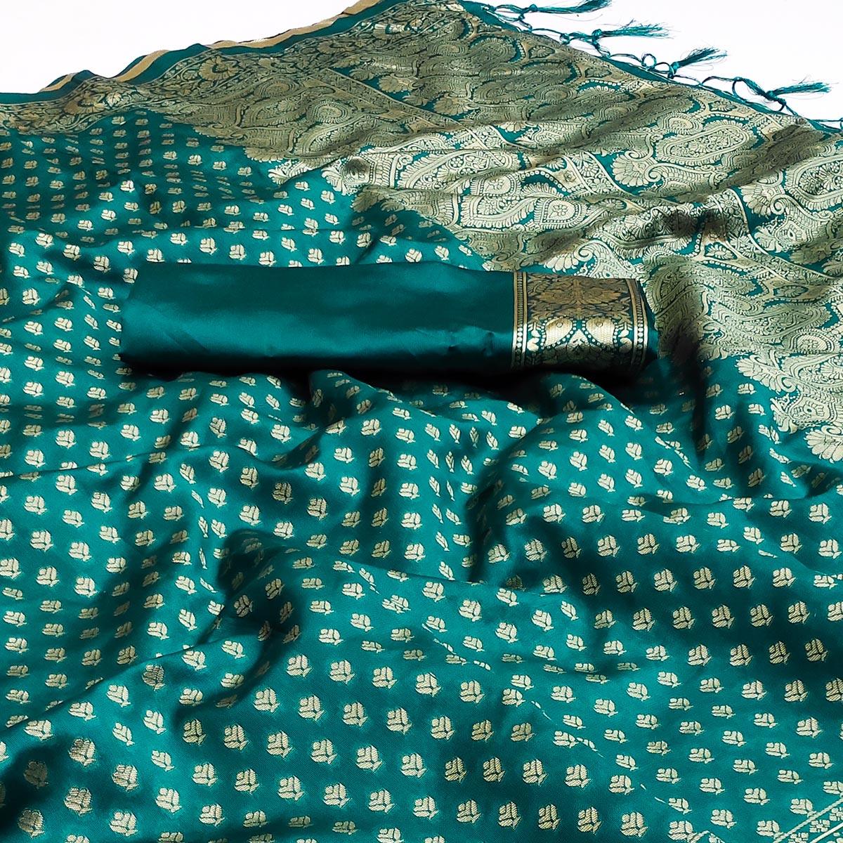 Rama Green Festive Wear Woven Cotton Silk Saree - Peachmode