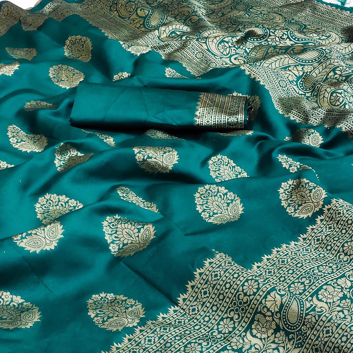 Rama Green Festive Wear Woven Cotton Silk Saree - Peachmode