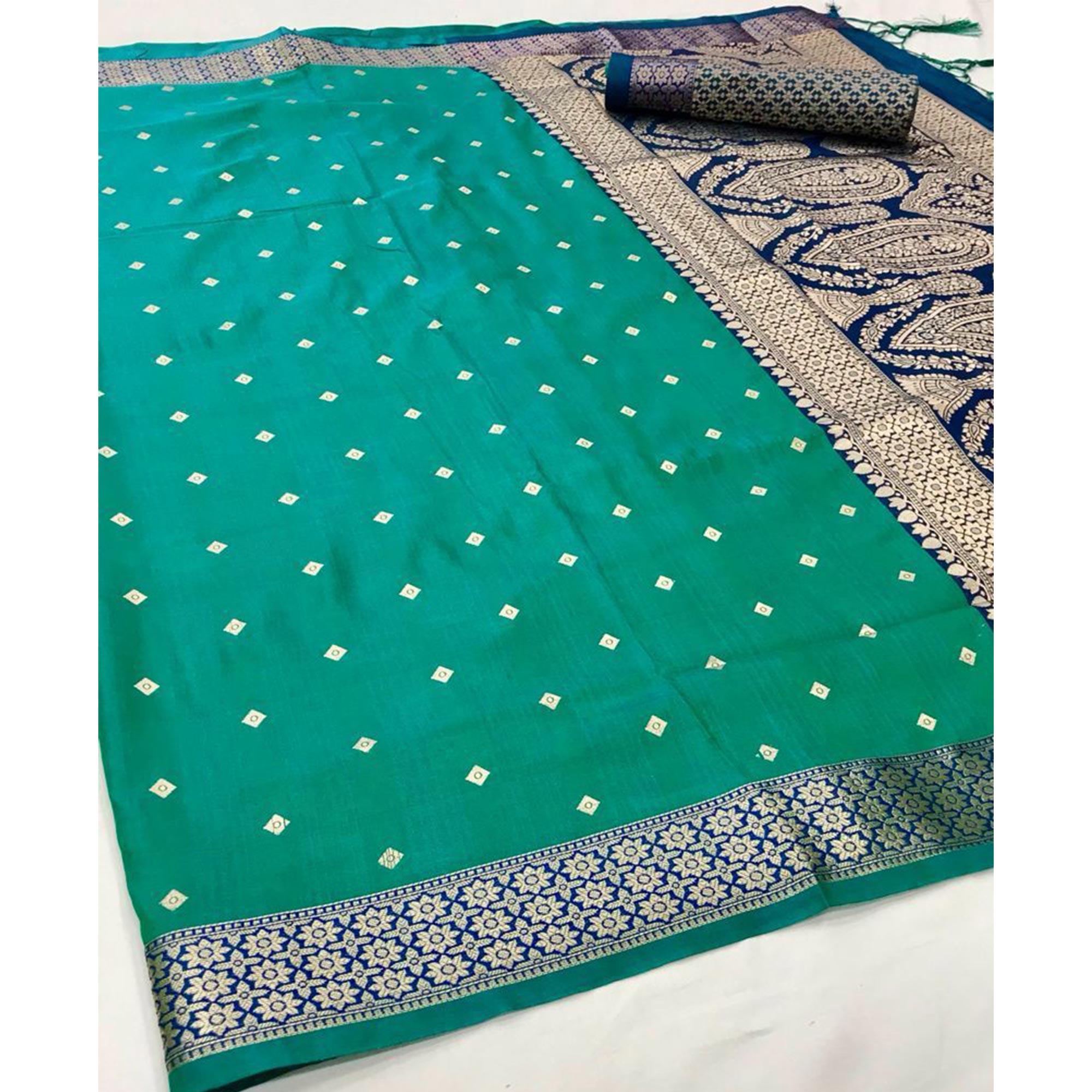 Rama Green Festive Wear Woven Handloom Silk Saree - Peachmode