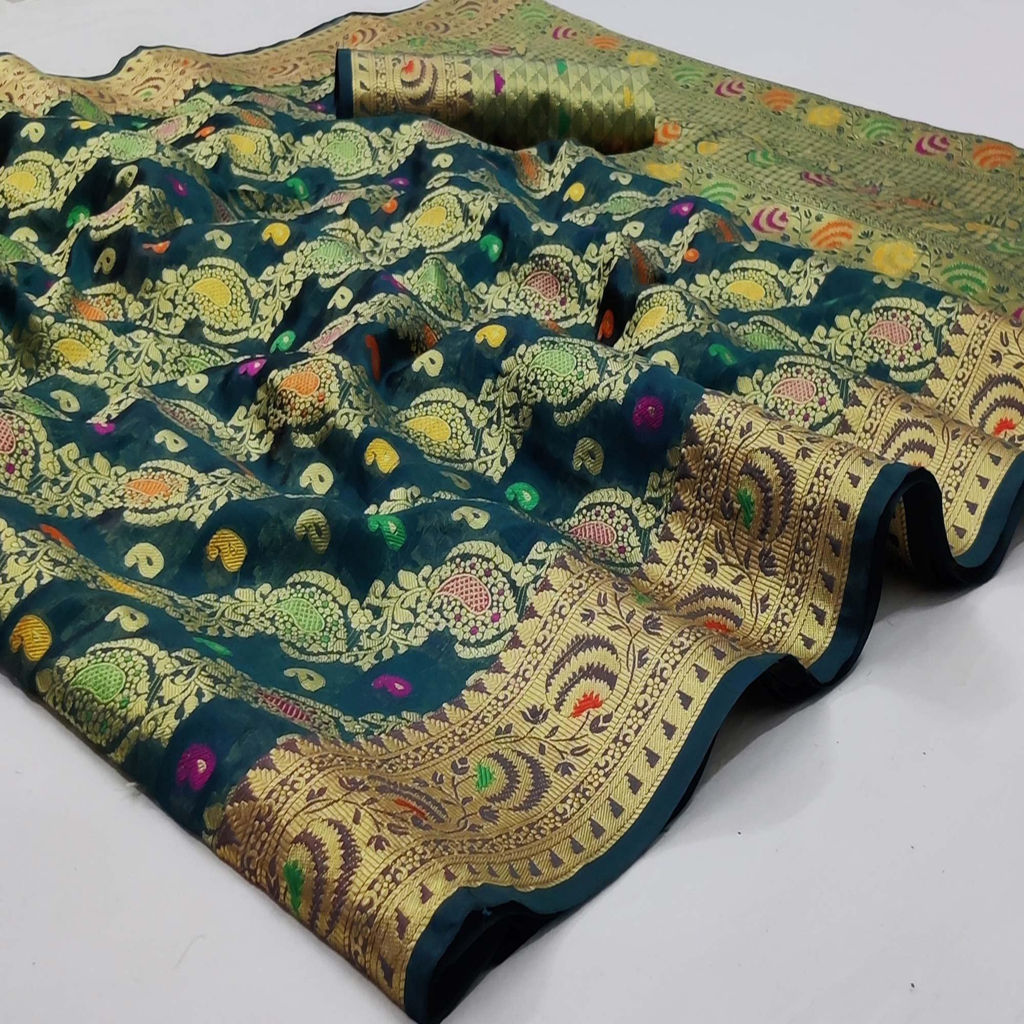 Rama Green Festive Wear Woven Organza Saree - Peachmode
