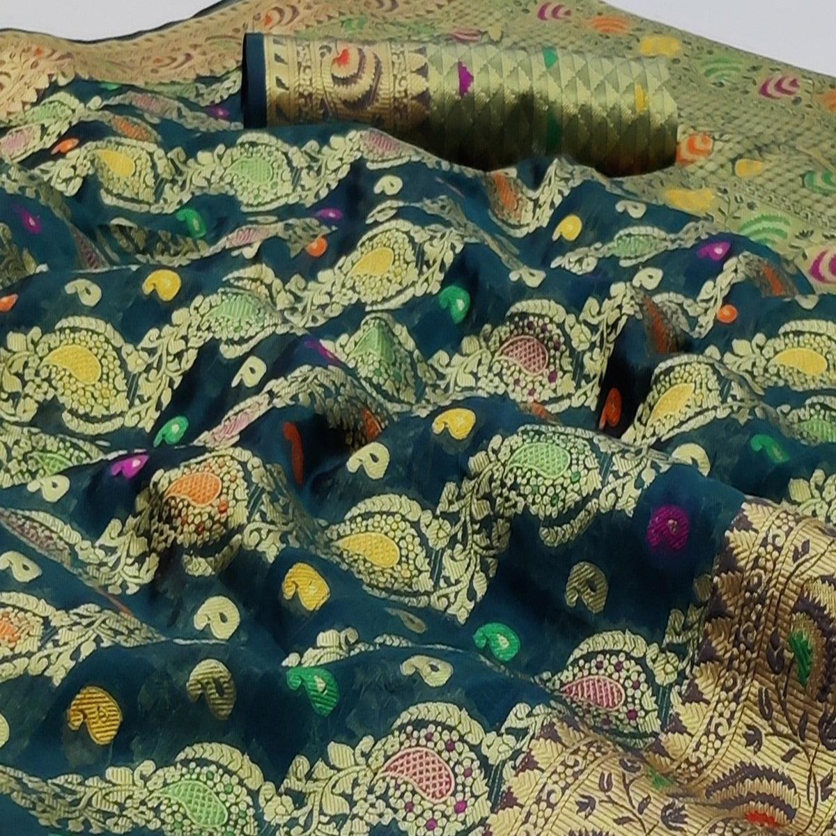 Rama Green Festive Wear Woven Organza Saree - Peachmode