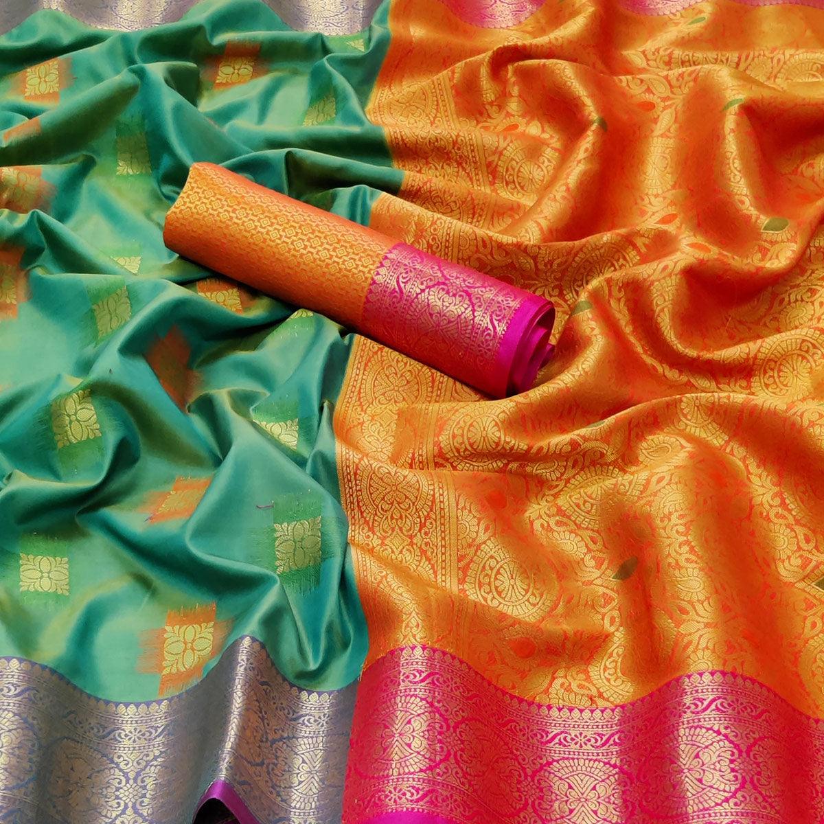 Rama Green Festive Wear Woven Soft Banarasi Silk Saree - Peachmode