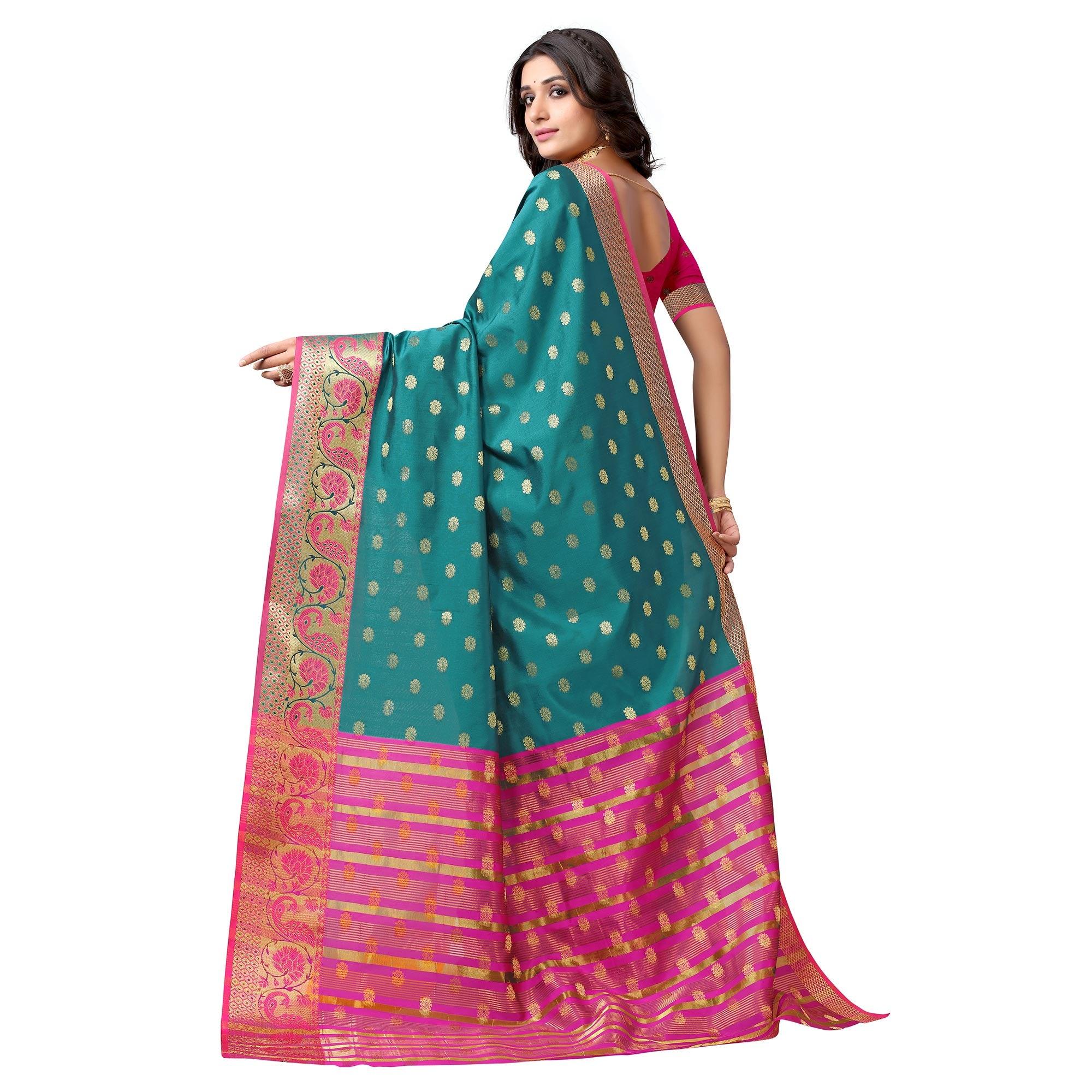Rama Green Festive Wear Woven Soft Silk Saree With Jacquard Border - Peachmode