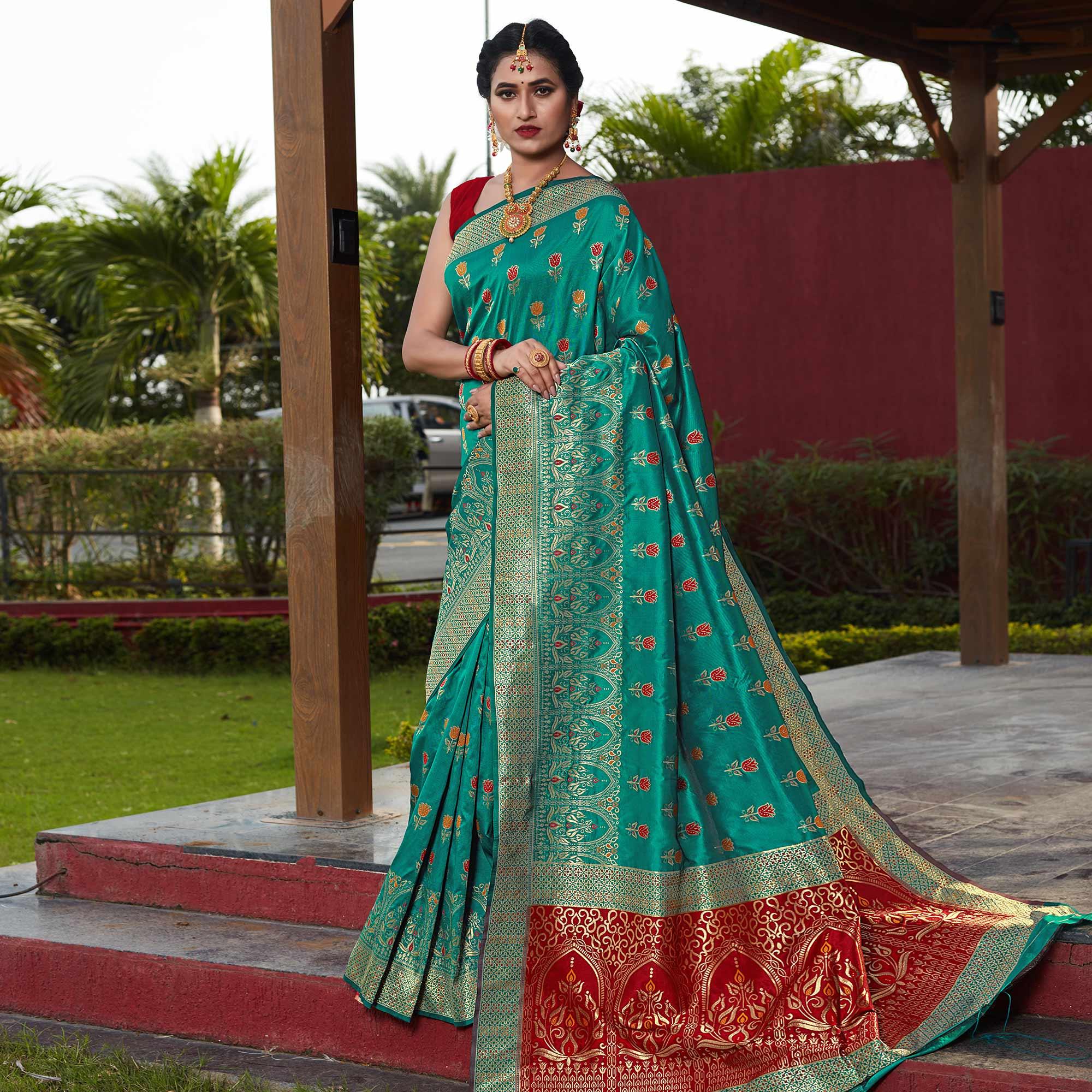 Rama Green Festive Wear Woven With Meena Rappier Lichi Silk Saree - Peachmode