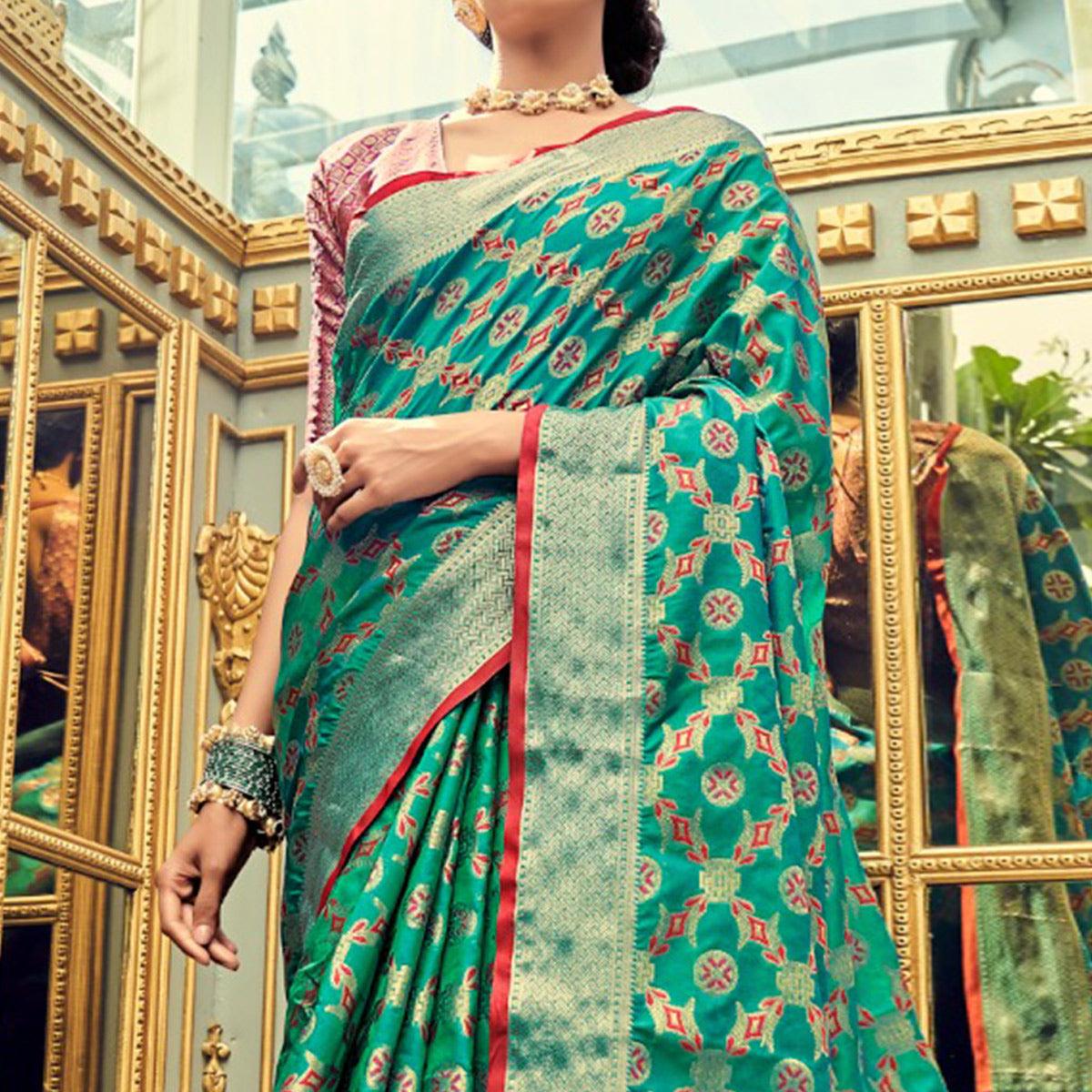 Rama Green Festive Wear Woven Zari Potola Silk Saree - Peachmode
