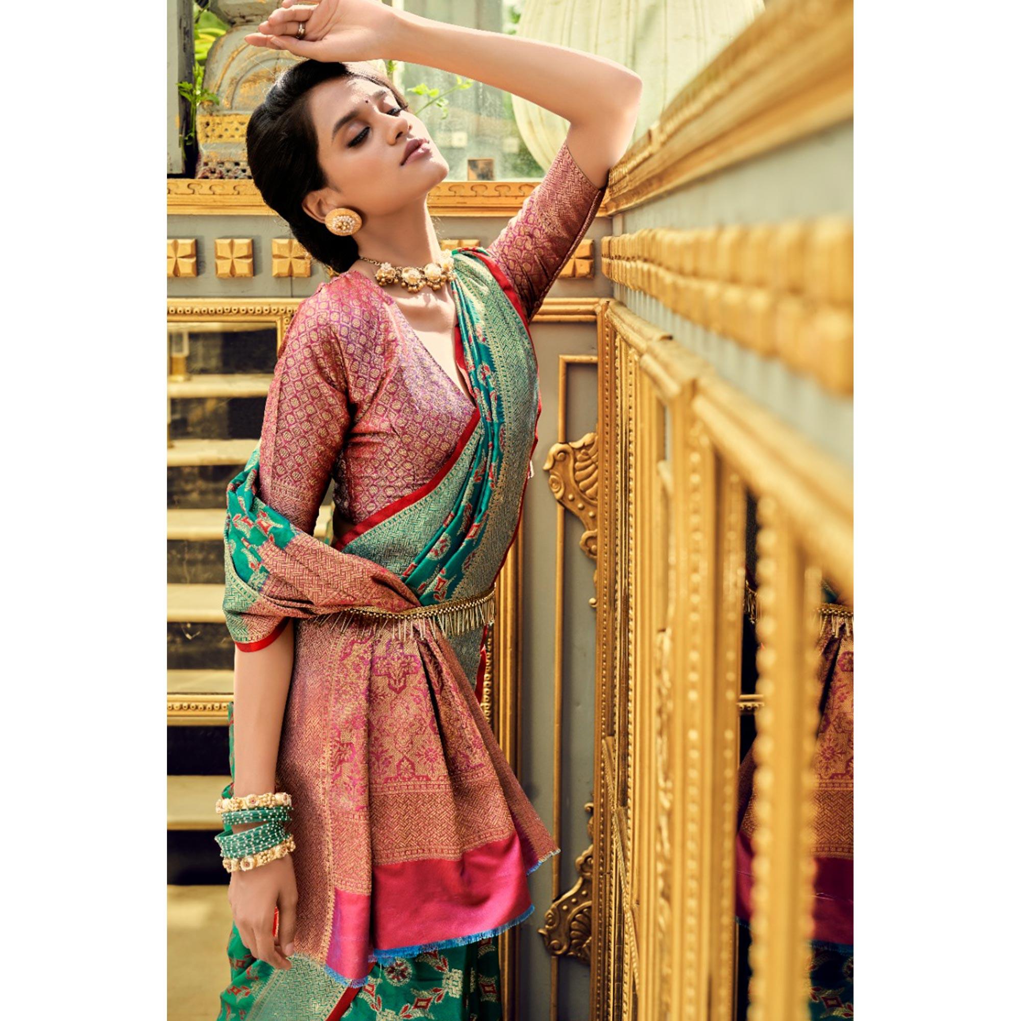 Rama Green Festive Wear Woven Zari Potola Silk Saree - Peachmode