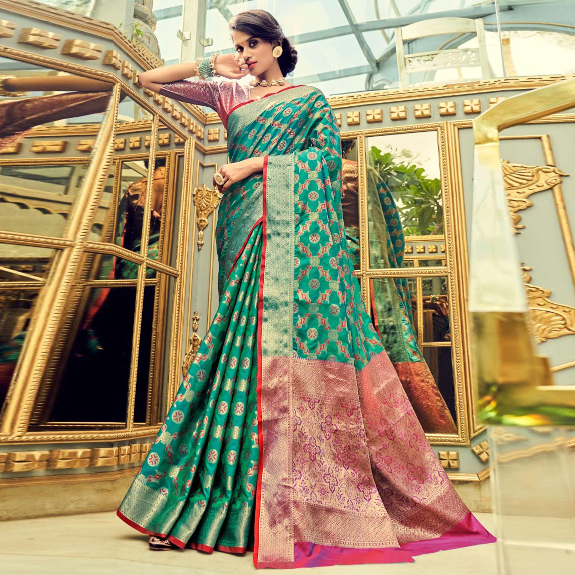 Rama Green Festive Wear Woven Zari Potola Silk Saree - Peachmode