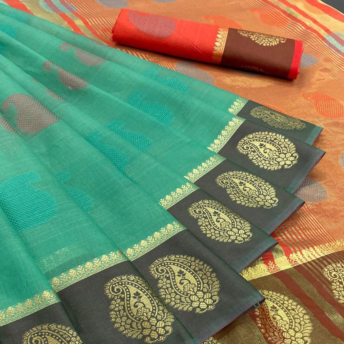 Rama Green Festive Wear Zari Woven Soft Cotton Silk Saree - Peachmode