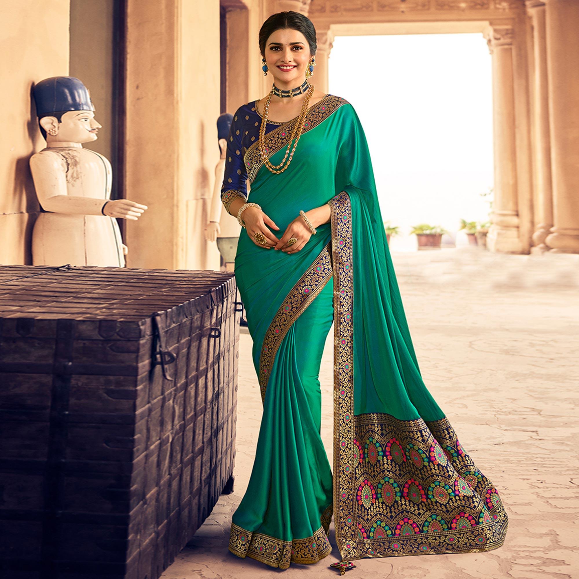 Rama Green Festive Wear Zari Woven With Jacquard Lace & Pallu Sana Silk Saree - Peachmode