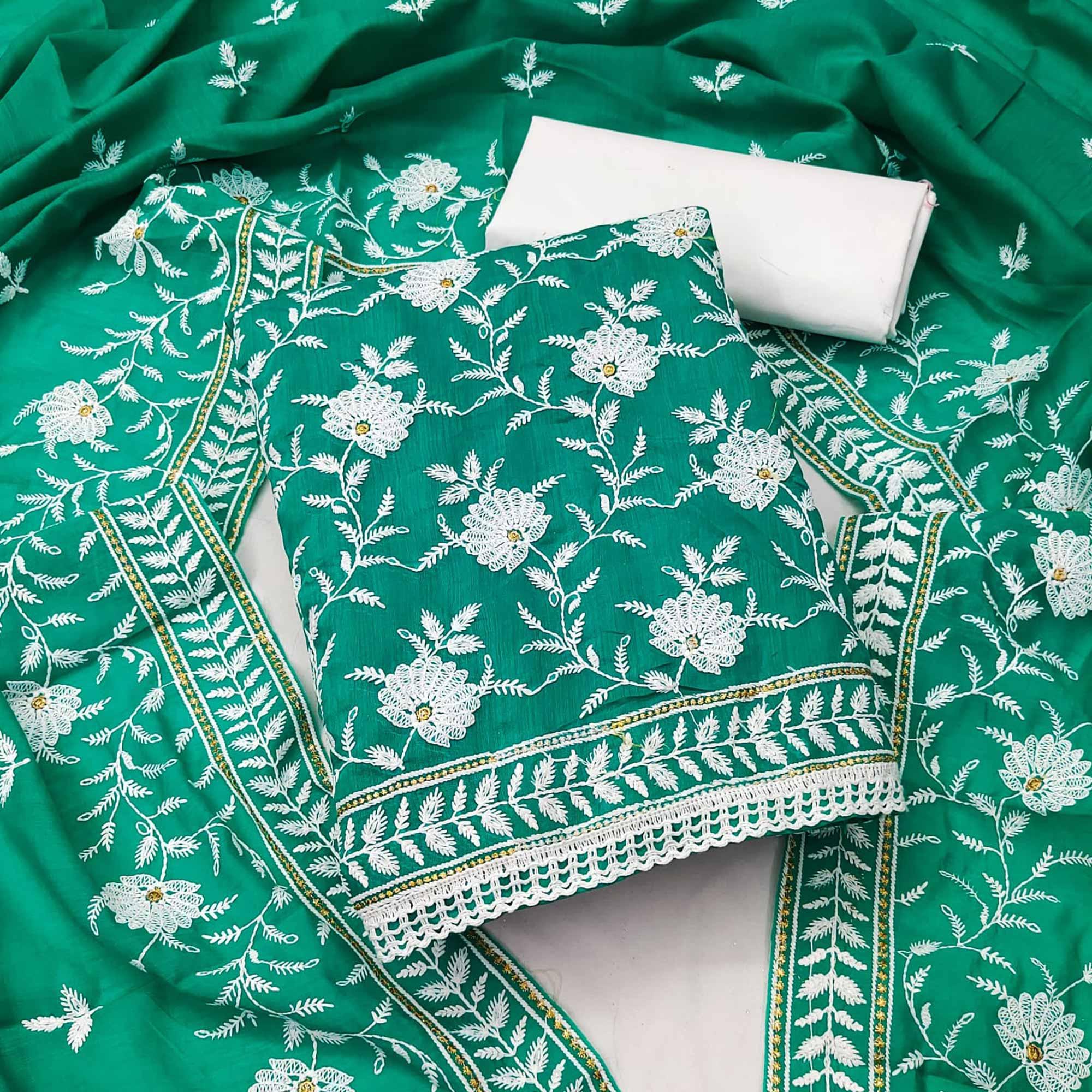 Rama Green Floral Embroidered Muslin Dress Material - Peachmode