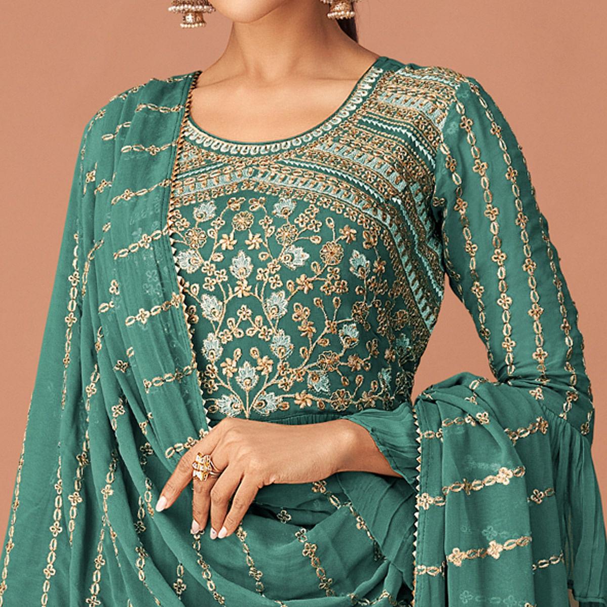 Rama Green Party Wear Embroidered Georgette Sharara Suit - Peachmode
