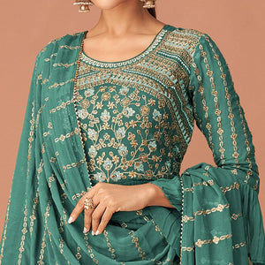 Rama Green Party Wear Embroidered Georgette Sharara Suit - Peachmode