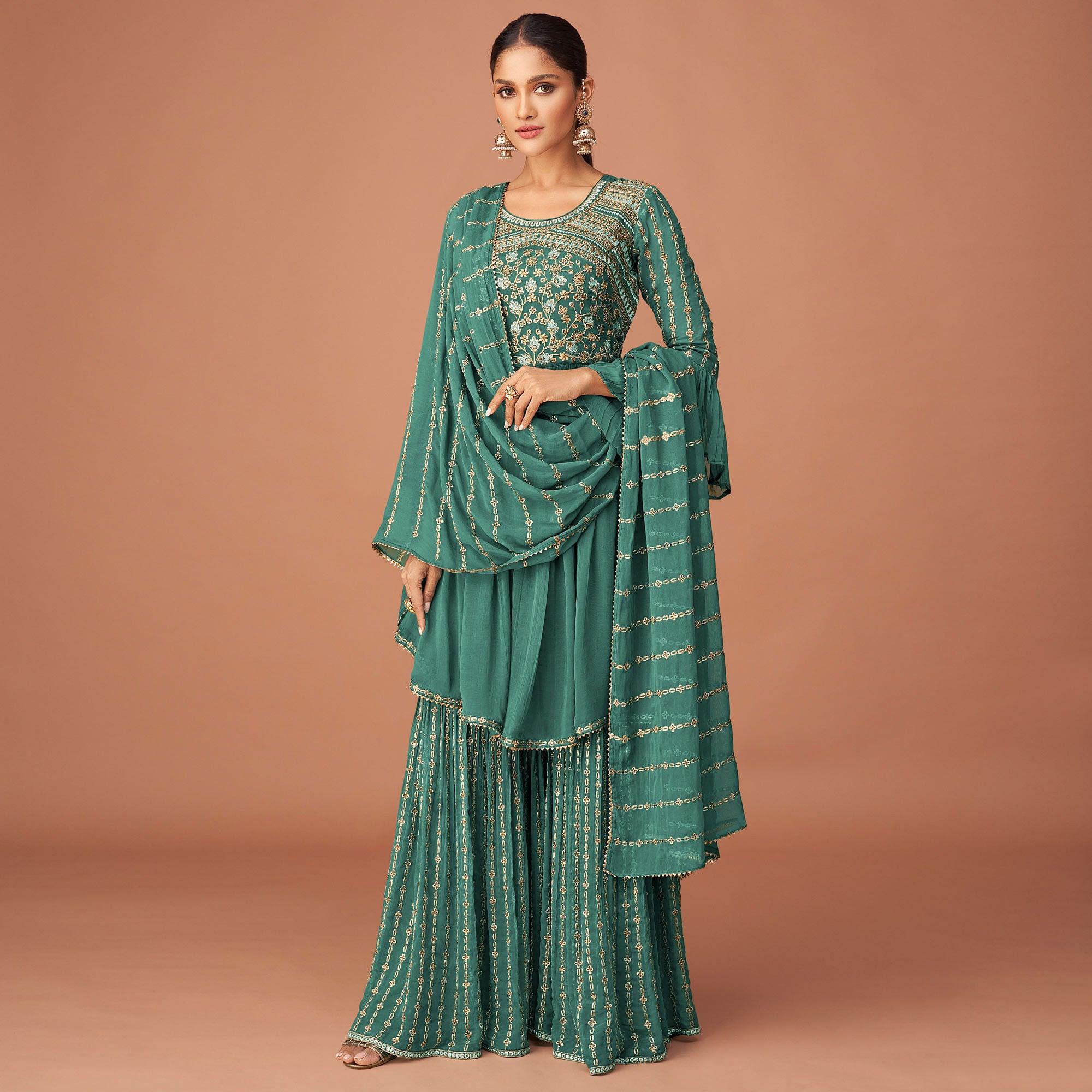 Rama Green Party Wear Embroidered Georgette Sharara Suit - Peachmode