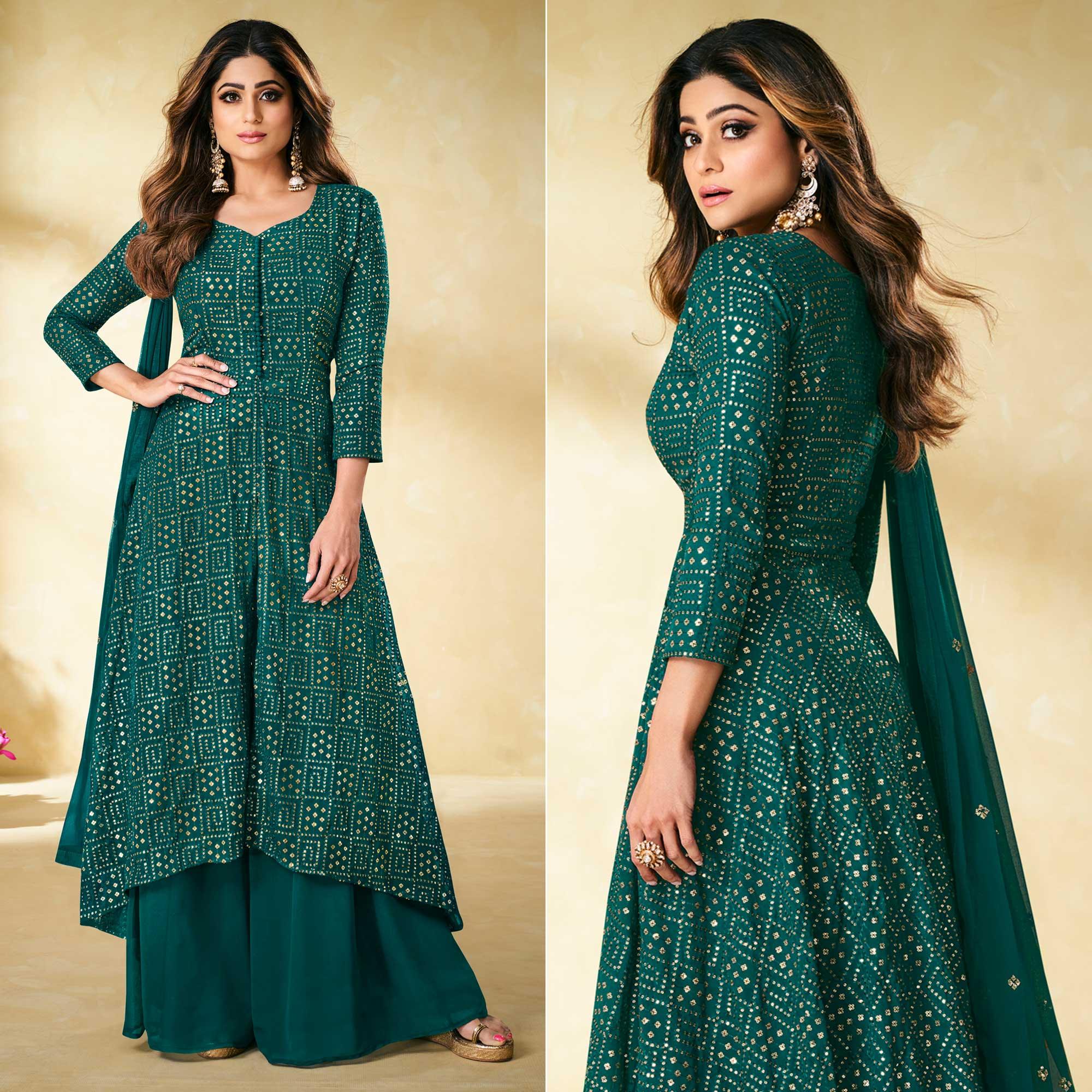 Rama Green Partywear Embellished With Embroidered Georgette Palazzo Suit - Peachmode