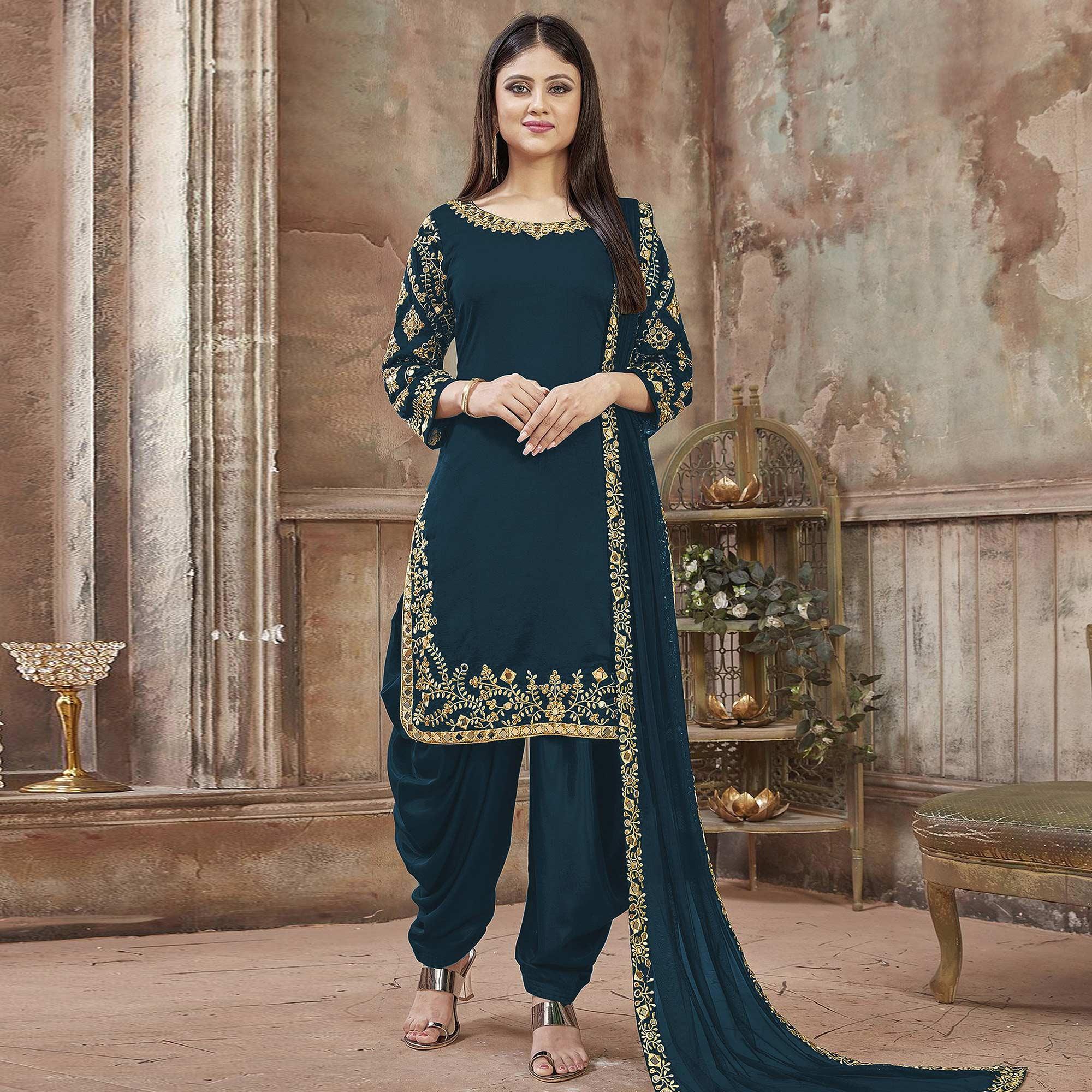 Rama Green Partywear Embroidered Georgette Patiala Suit - Peachmode