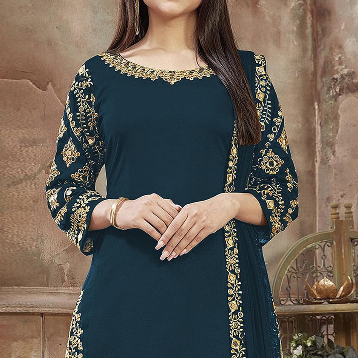 Rama Green Partywear Embroidered Georgette Patiala Suit - Peachmode