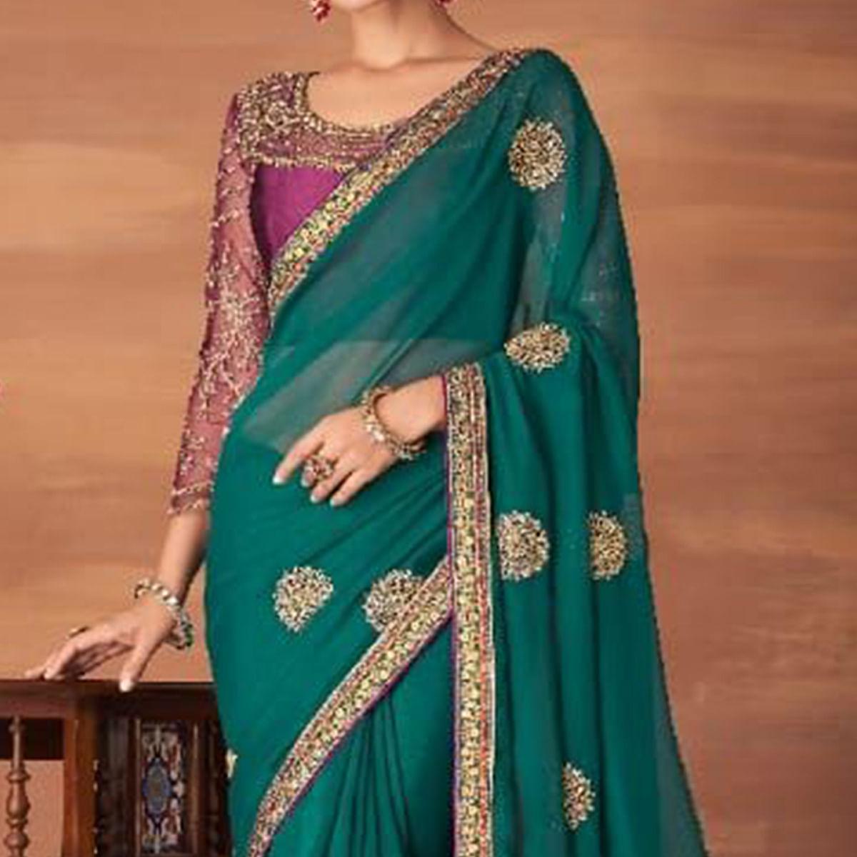 Rama Green Partywear Embroidered Georgette Saree - Peachmode