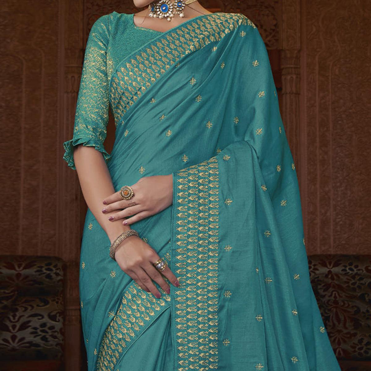 Rama Green Partywear Embroidered Silk Saree - Peachmode
