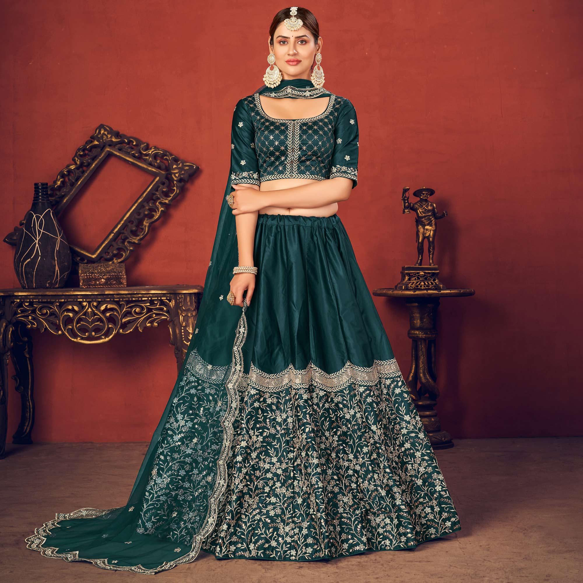 Rama Green Partywear Sequence Embroidered Art Silk Lehenga Choli - Peachmode