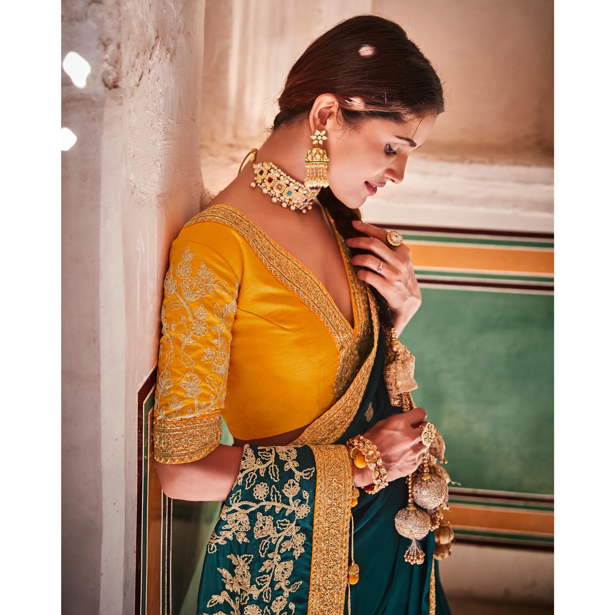 Rama Green Partywear Silk Saree - Peachmode