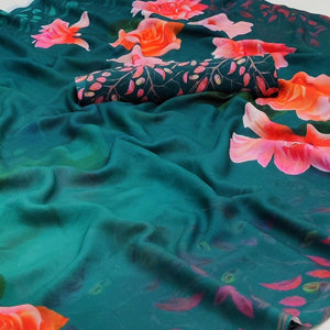 Rama Green Printed Georgette Saree - Peachmode