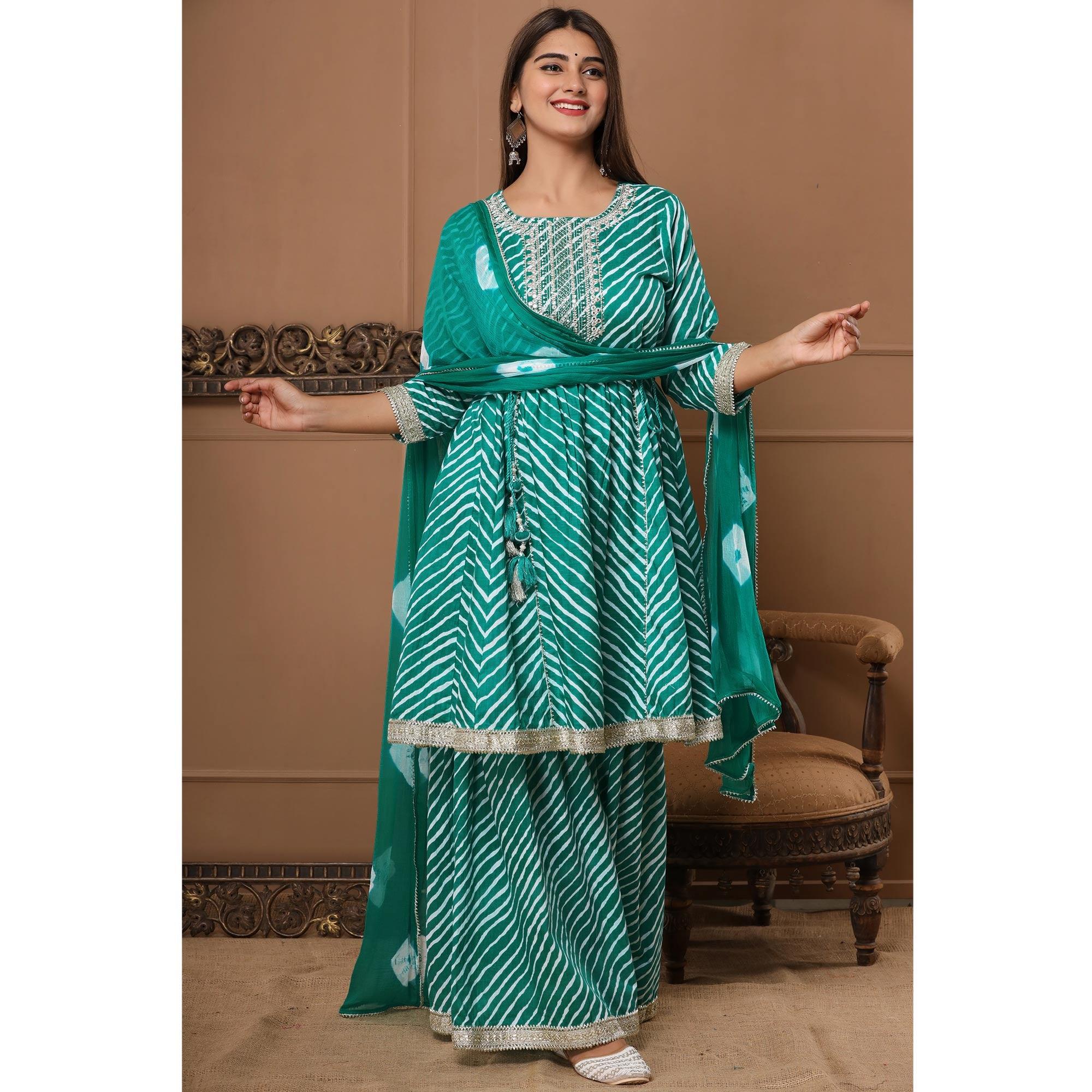 Rama Green Printed With Embroidered Pure Cotton Sharara Suit - Peachmode
