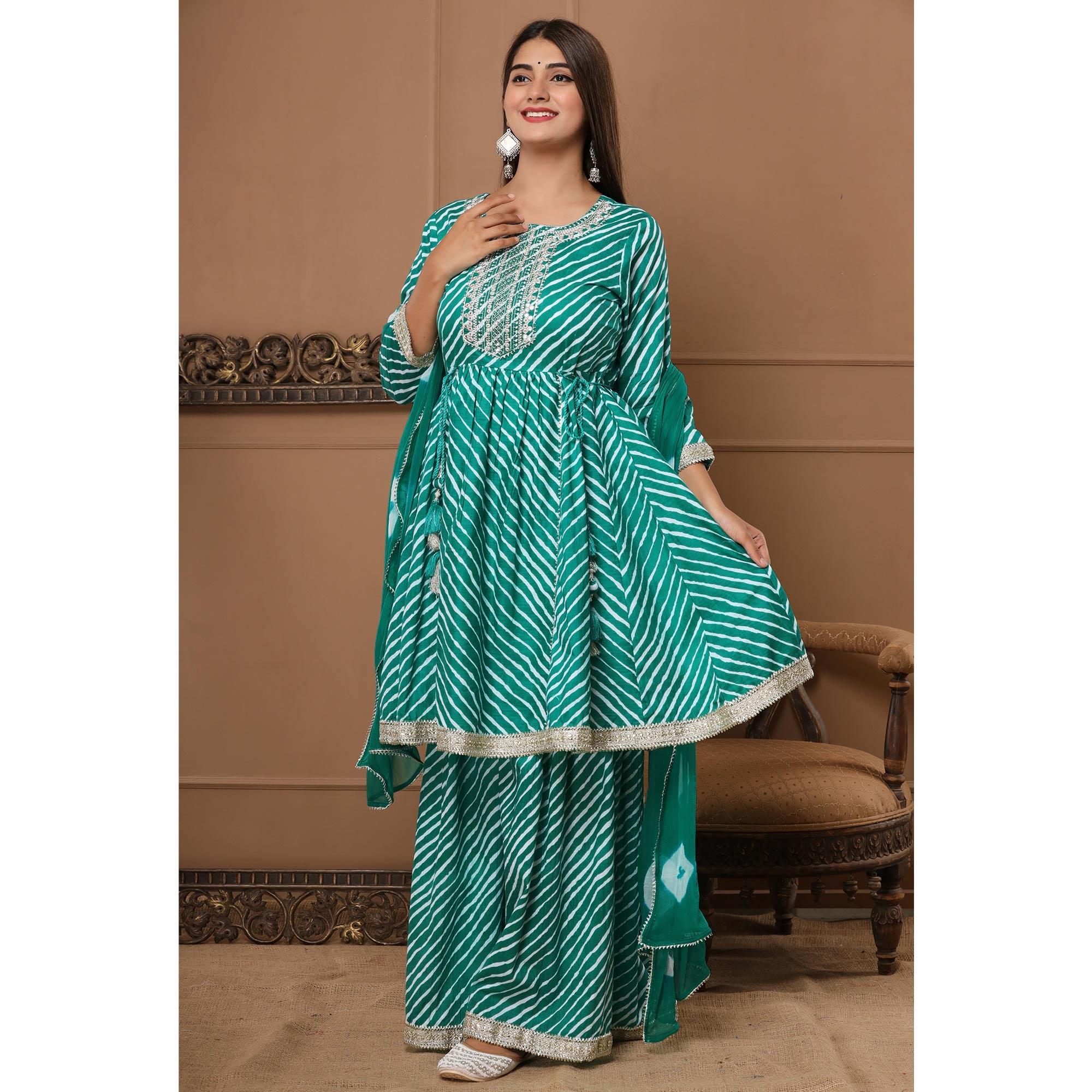 Rama Green Printed With Embroidered Pure Cotton Sharara Suit - Peachmode