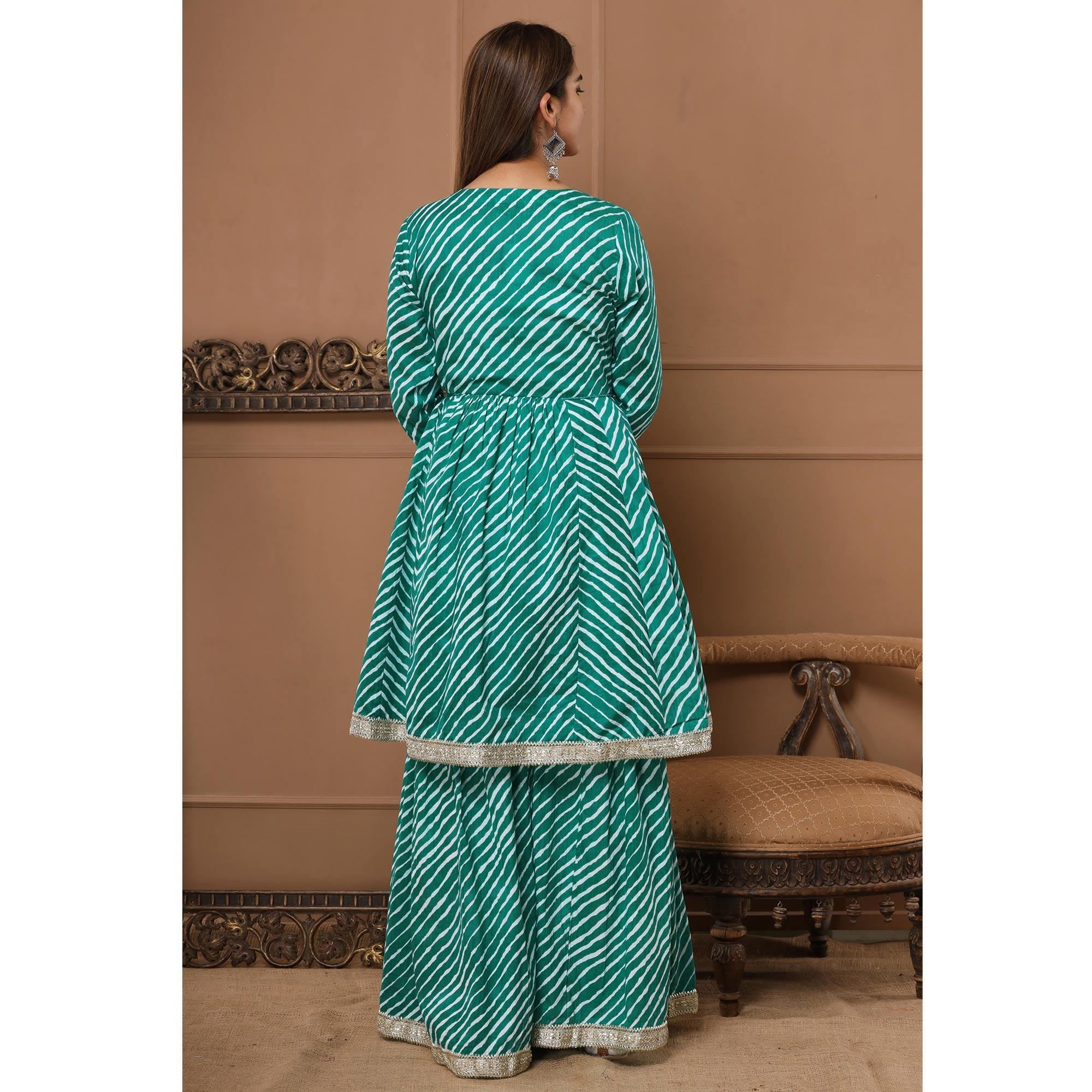 Rama Green Printed With Embroidered Pure Cotton Sharara Suit - Peachmode