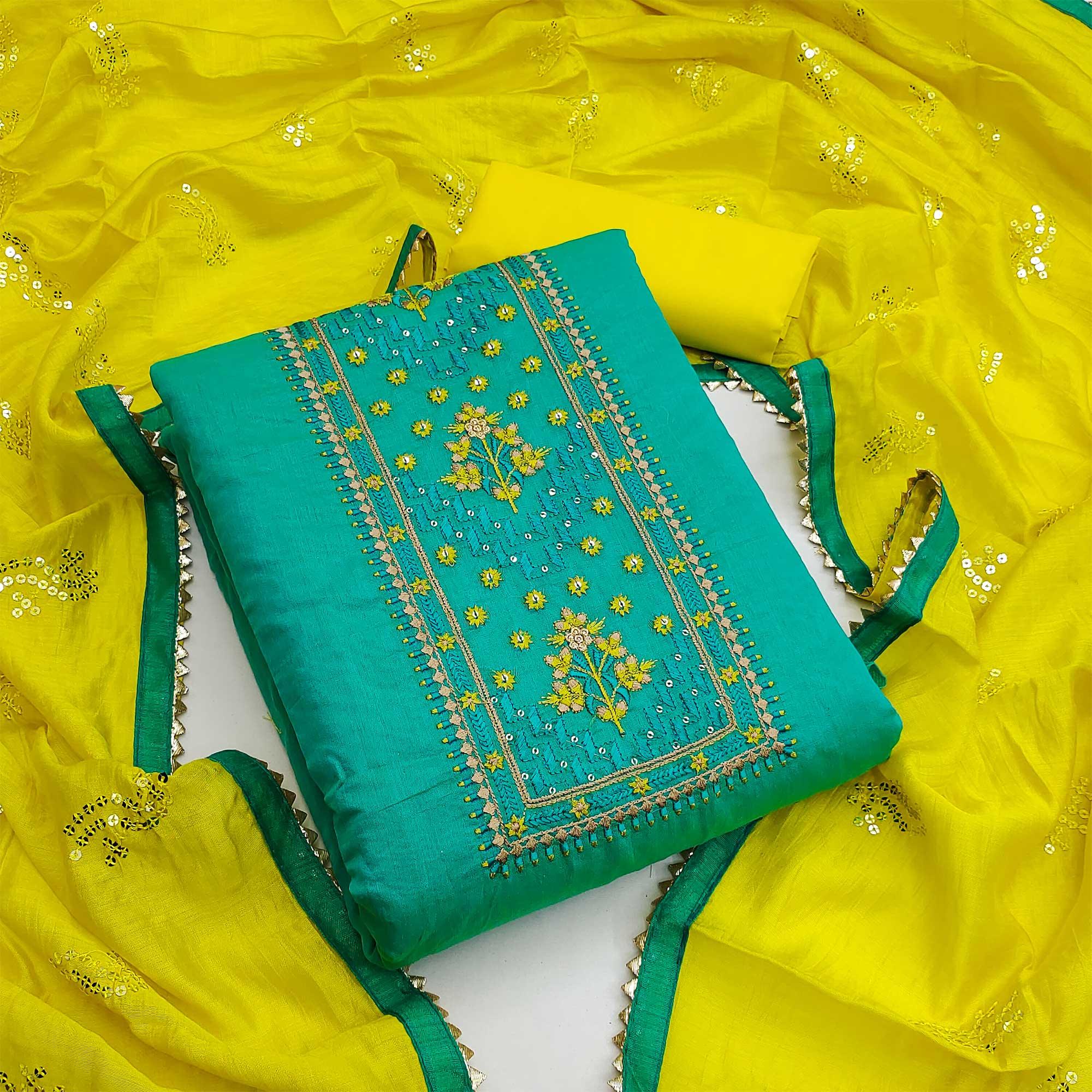 Rama Green Sequence Embroidered Chanderi Dress Material - Peachmode