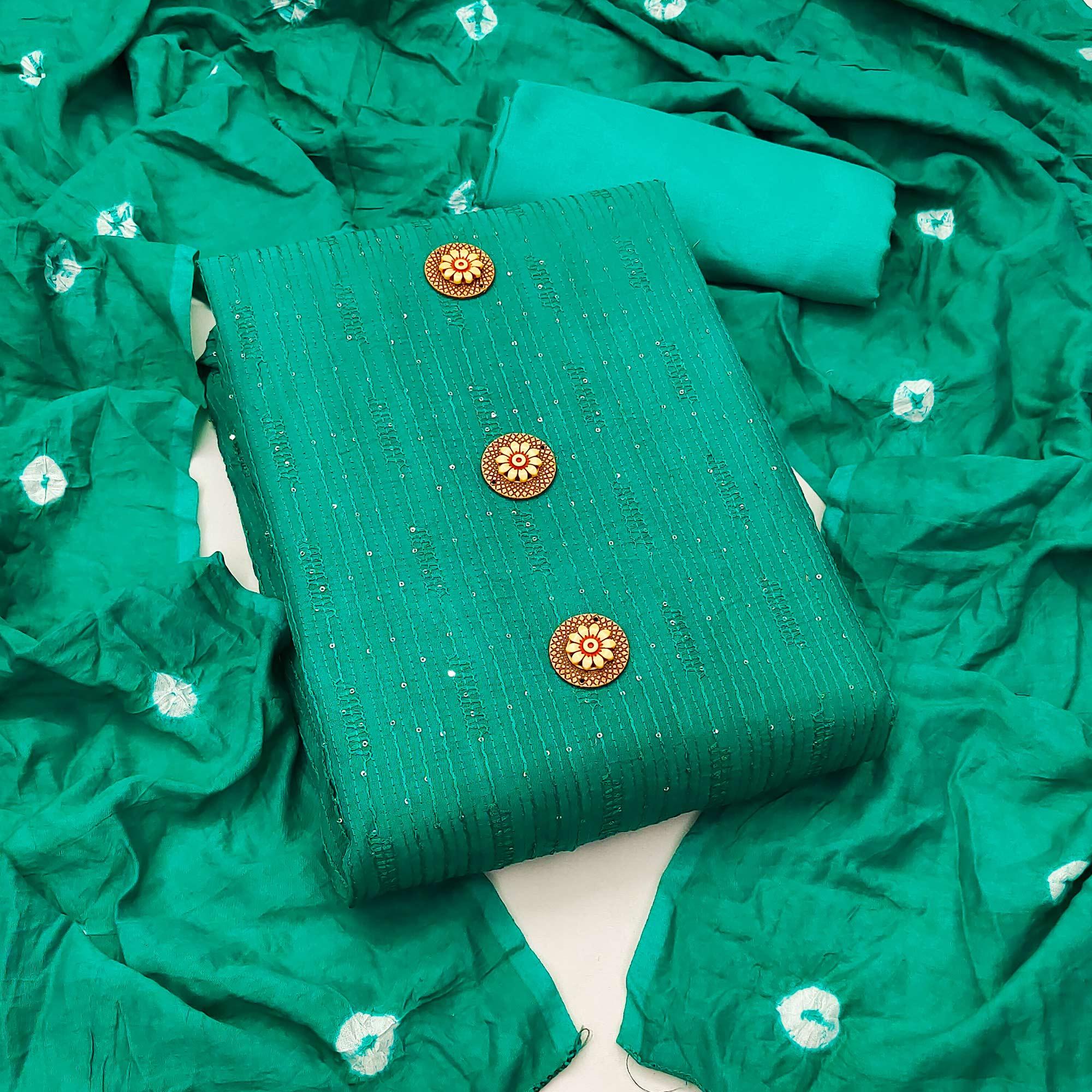 Rama Green Sequence Embroidered Chanderi Dress Material - Peachmode