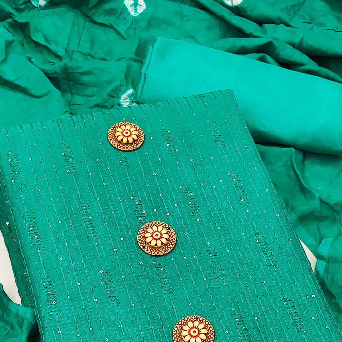 Rama Green Sequence Embroidered Chanderi Dress Material - Peachmode
