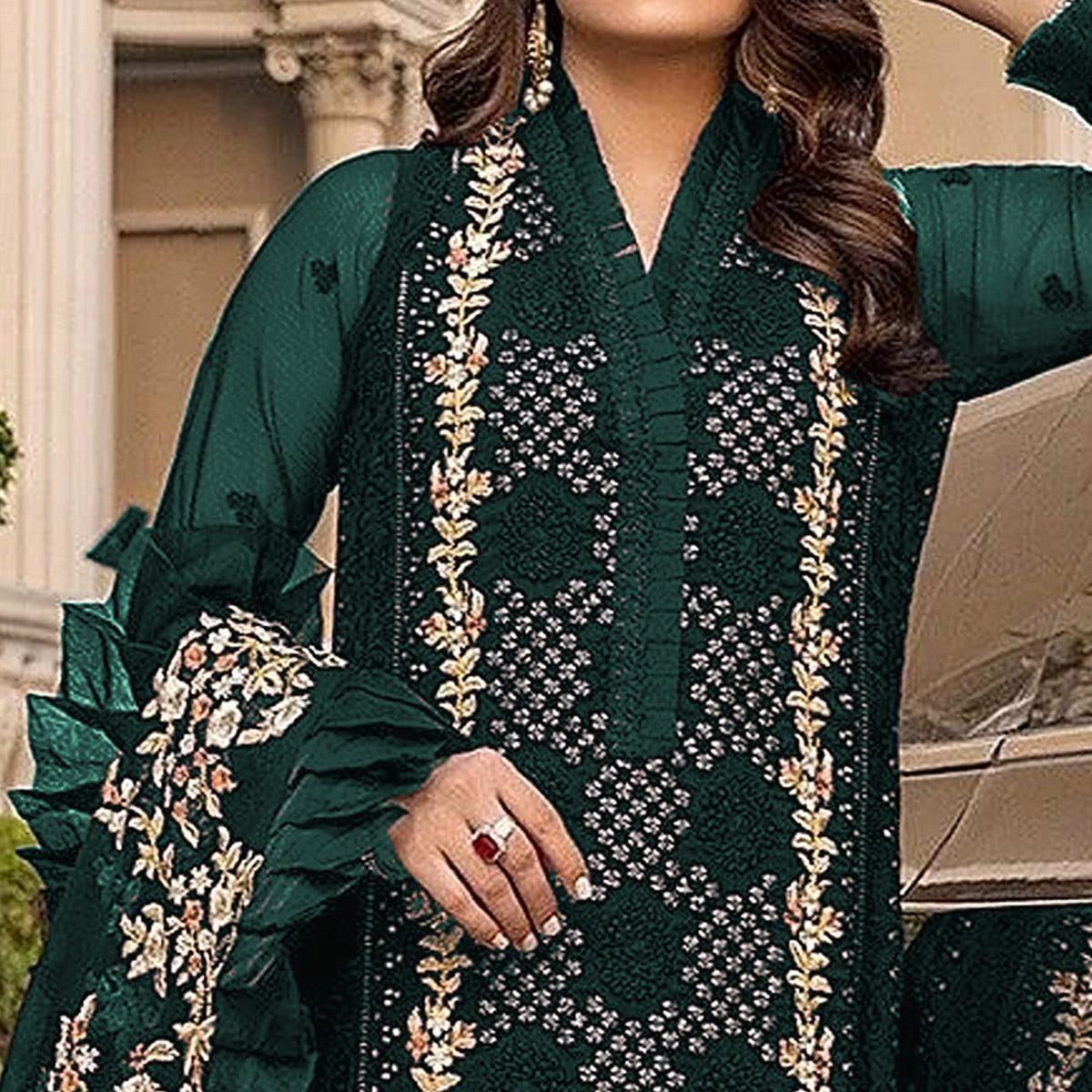 Rama Green Sequence With Floral Embroidered Georgette Pakistani Suit - Peachmode