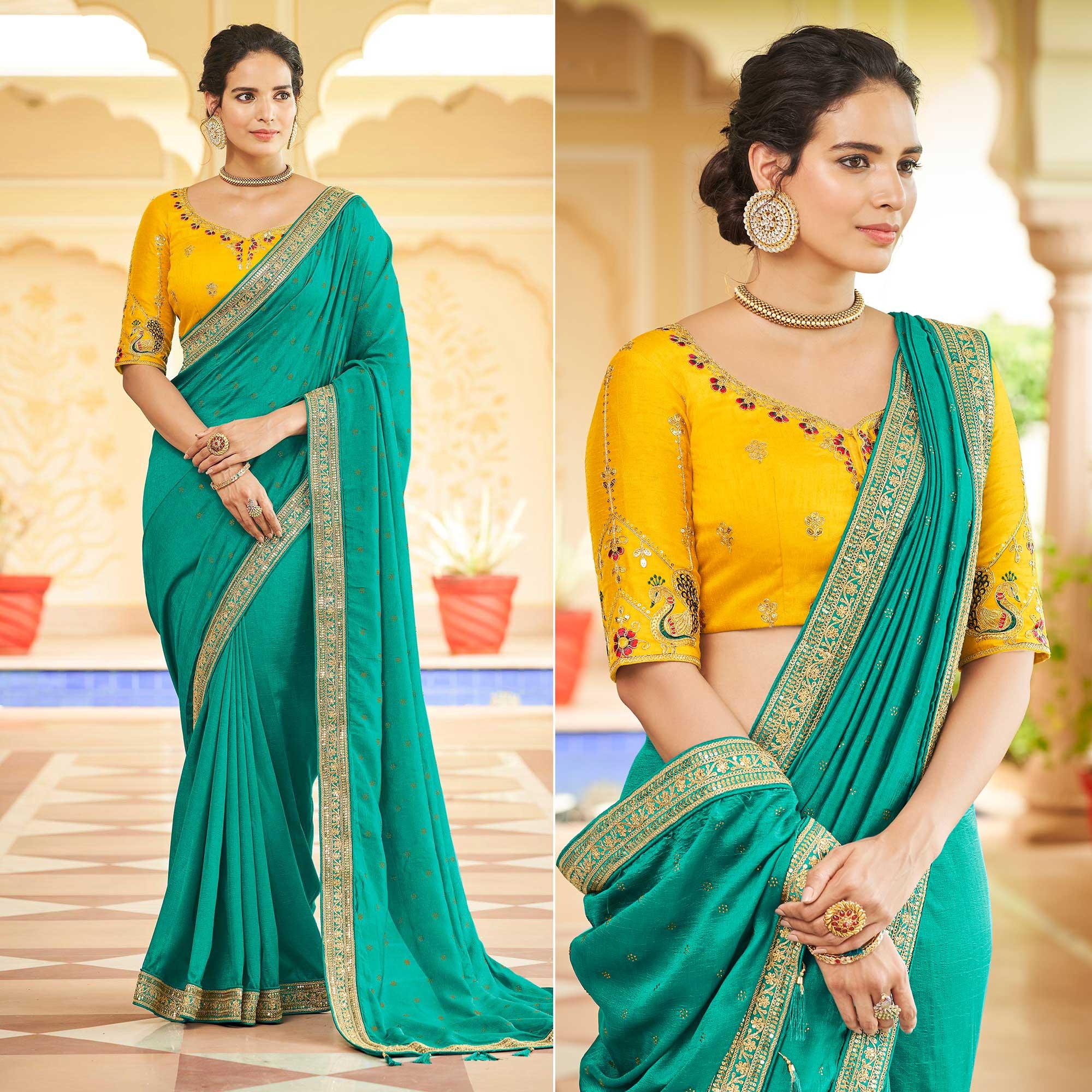 Rama Green Sequence With swarovski Work Vichitra Silk Saree - Peachmode
