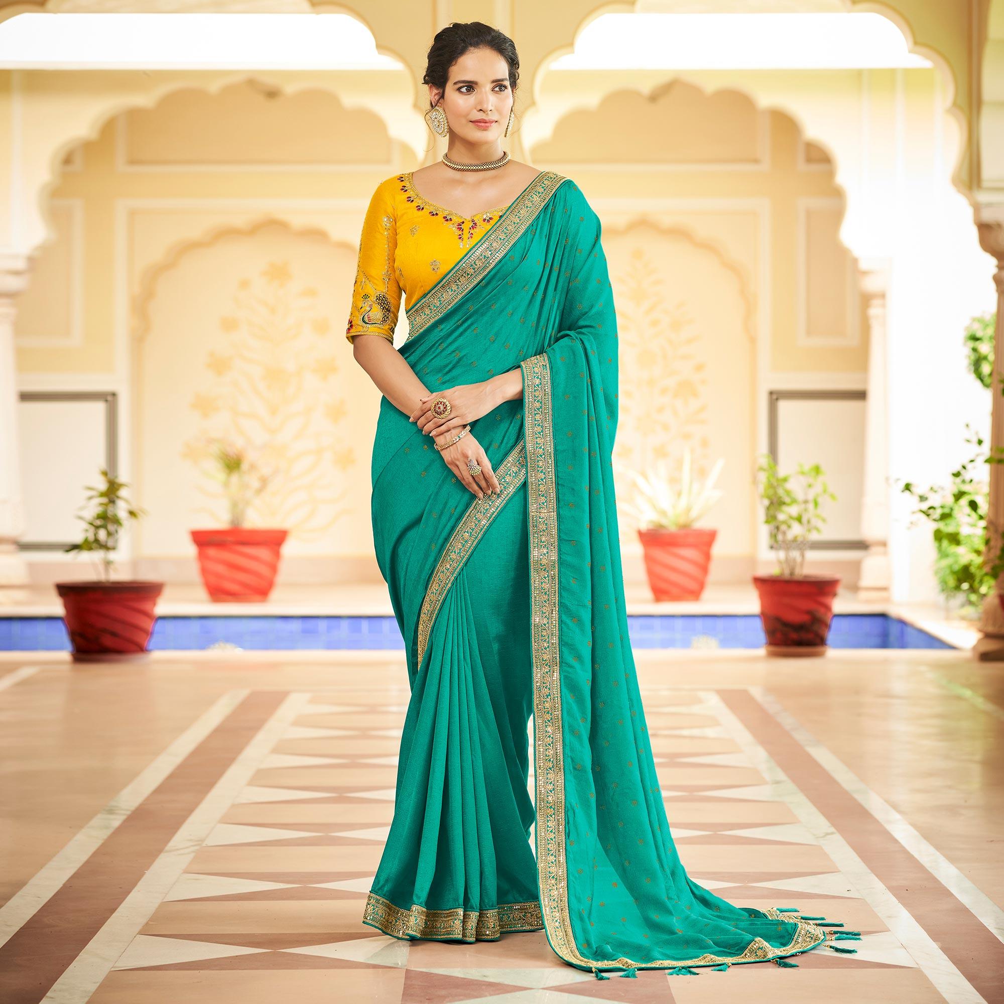 Rama Green Sequence With swarovski Work Vichitra Silk Saree - Peachmode