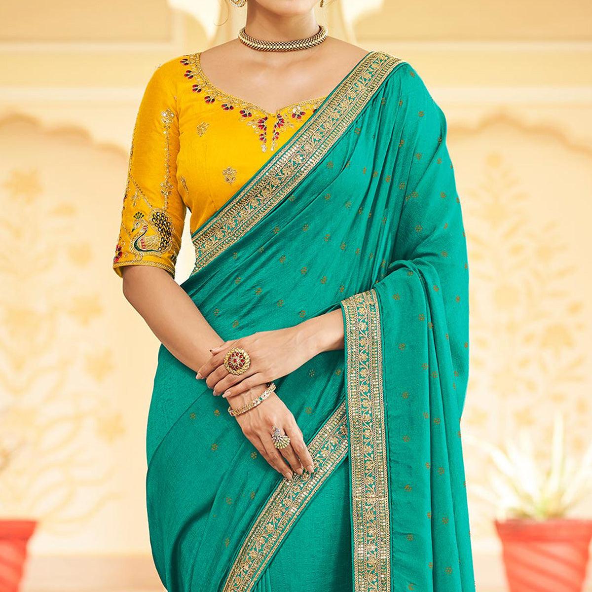Rama Green Sequence With swarovski Work Vichitra Silk Saree - Peachmode