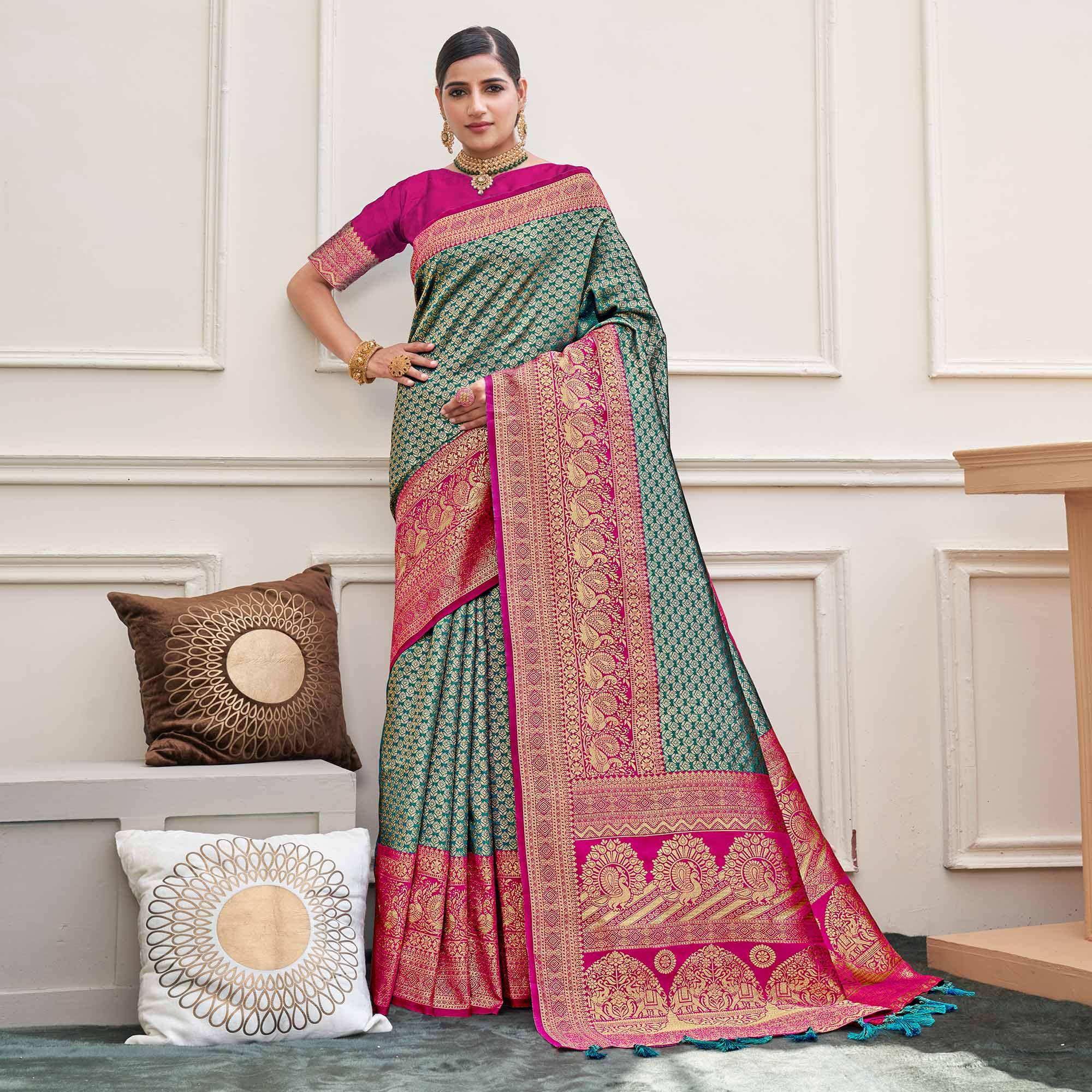 Rama Green Woven Art Silk Saree - Peachmode