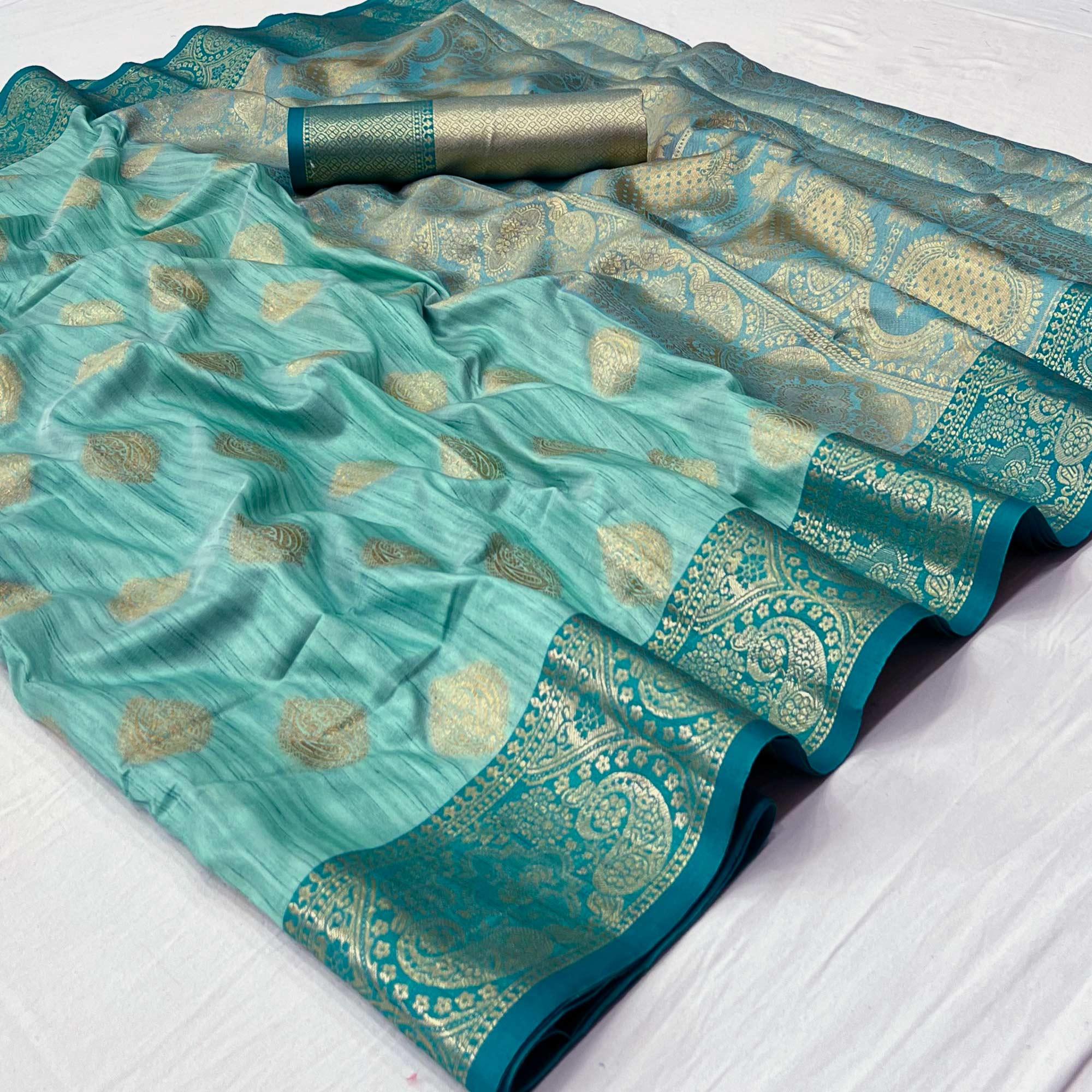 Rama Green Woven Art Silk Saree - Peachmode