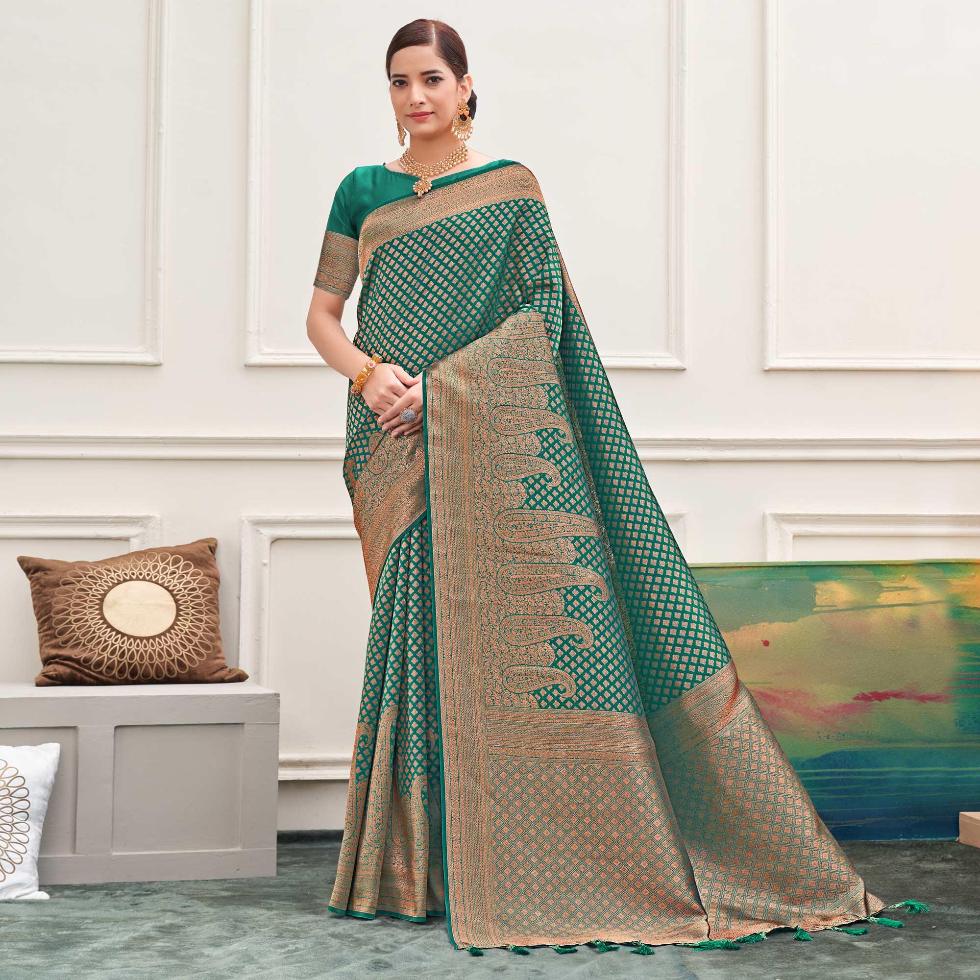 Rama Green Woven Art Silk Saree - Peachmode