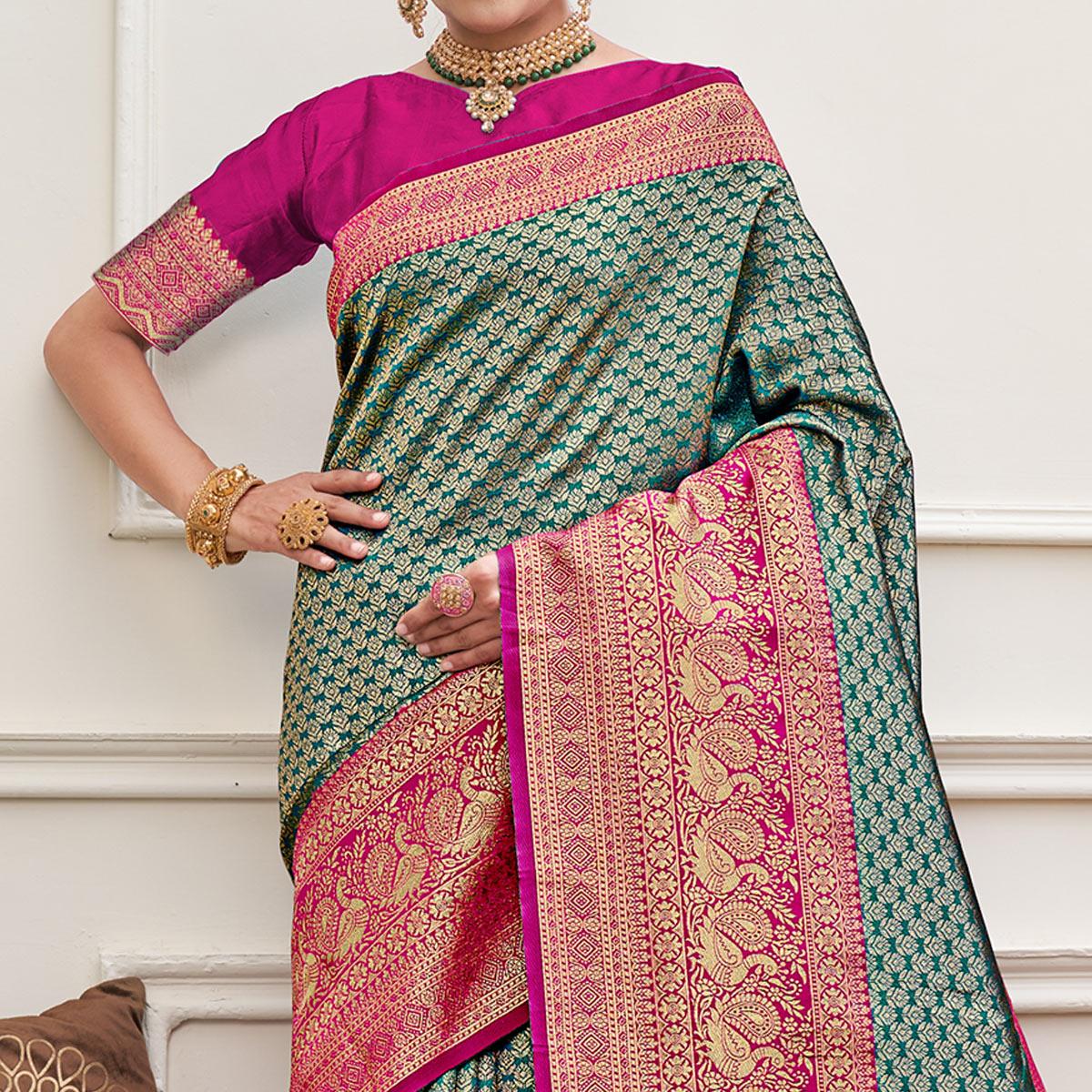 Rama Green Woven Art Silk Saree - Peachmode