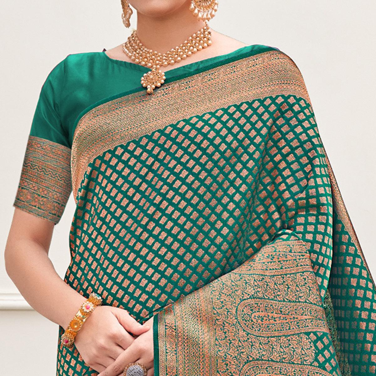 Rama Green Woven Art Silk Saree - Peachmode