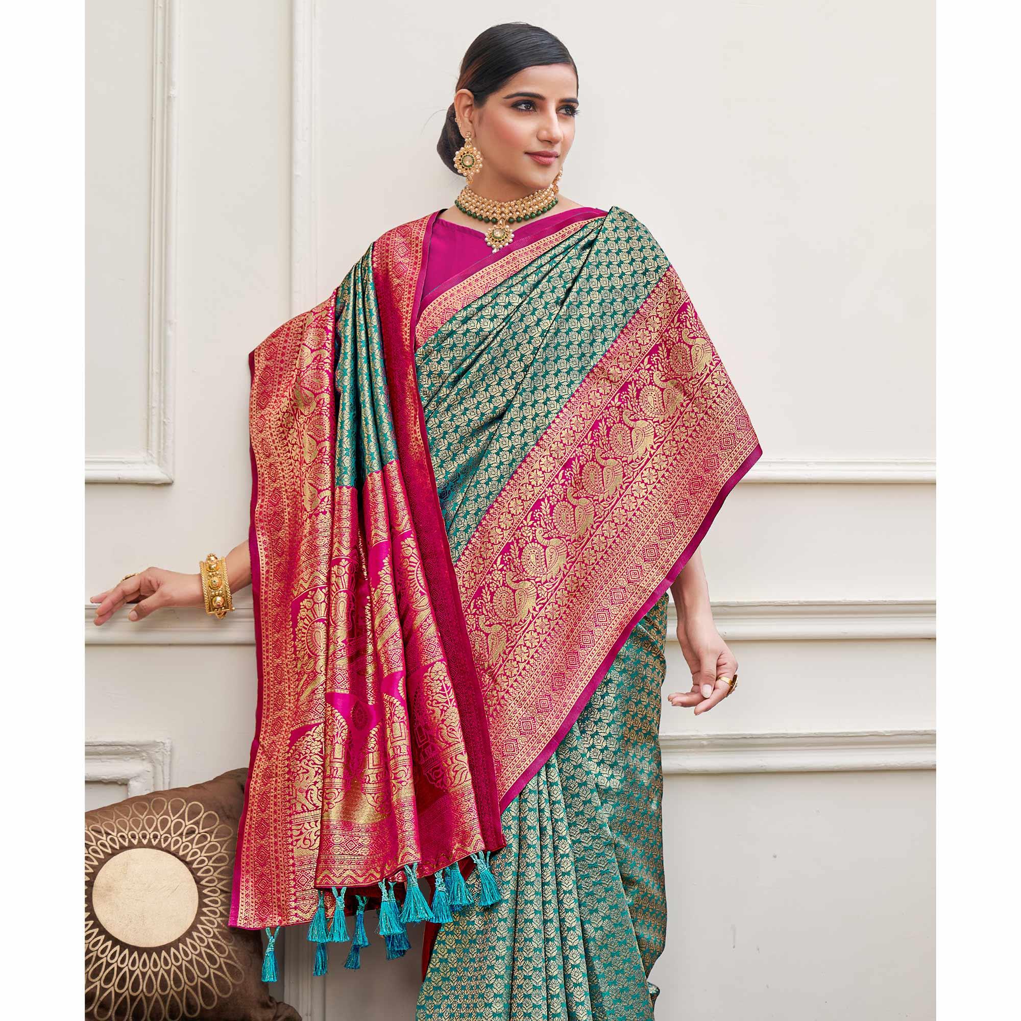 Rama Green Woven Art Silk Saree - Peachmode
