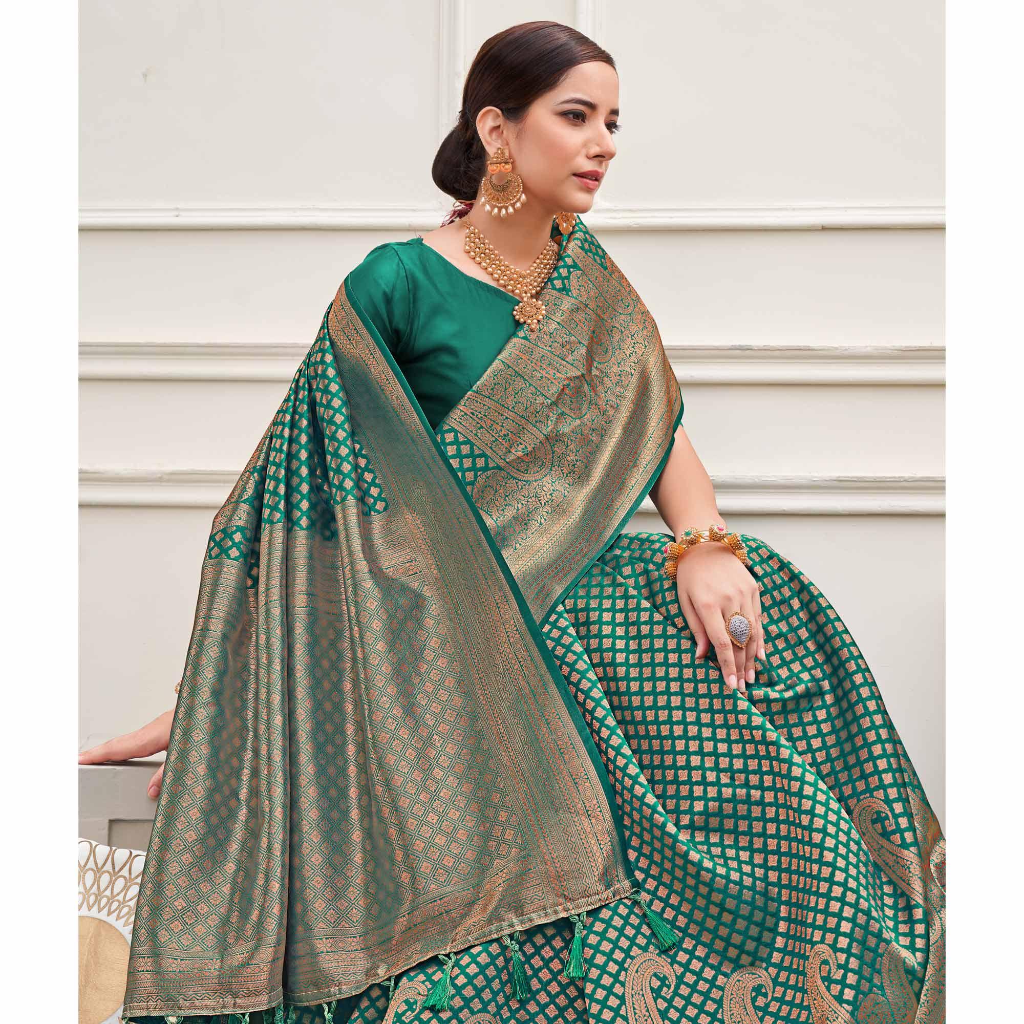 Rama Green Woven Art Silk Saree - Peachmode