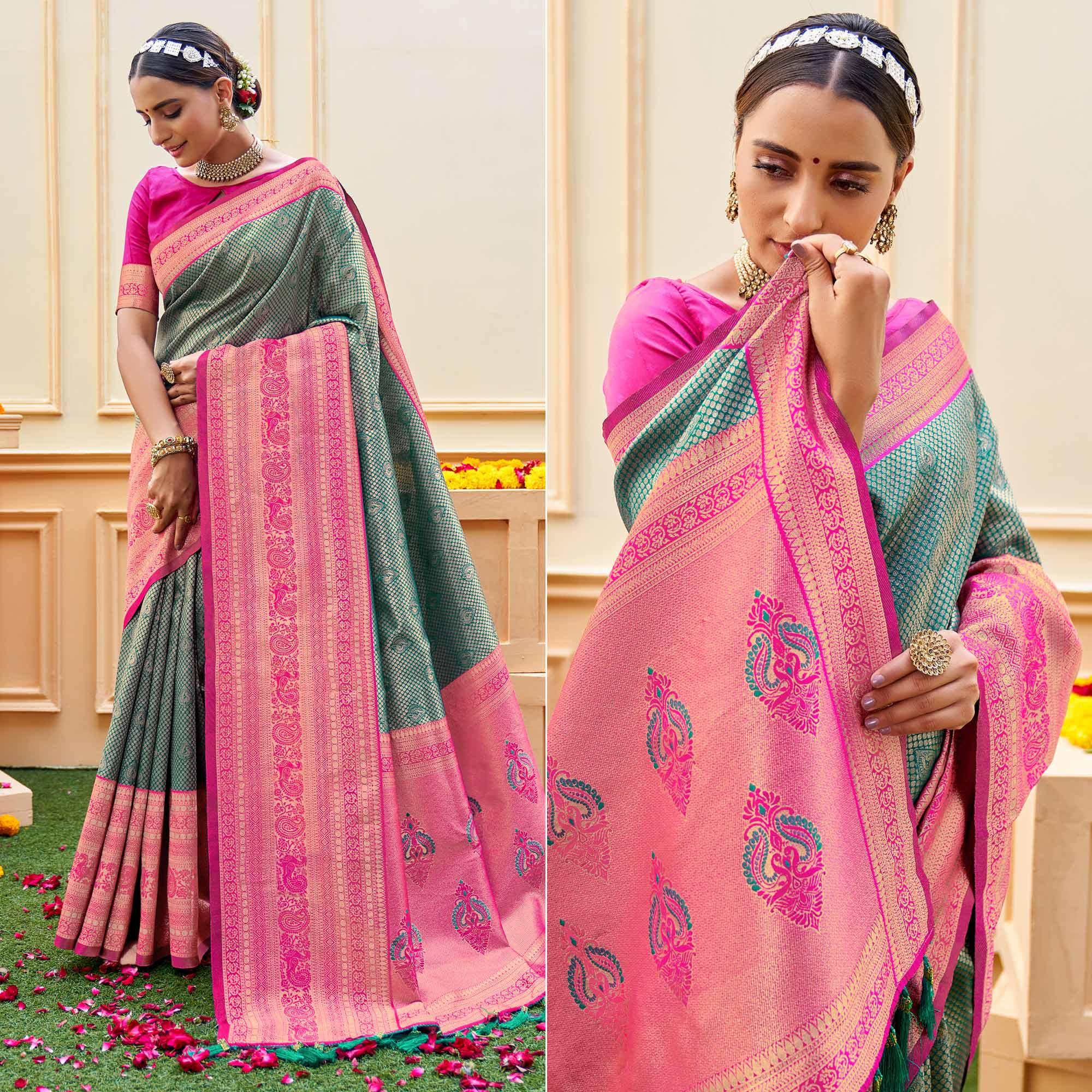 Rama Green Woven Banarasi Silk Saree - Peachmode
