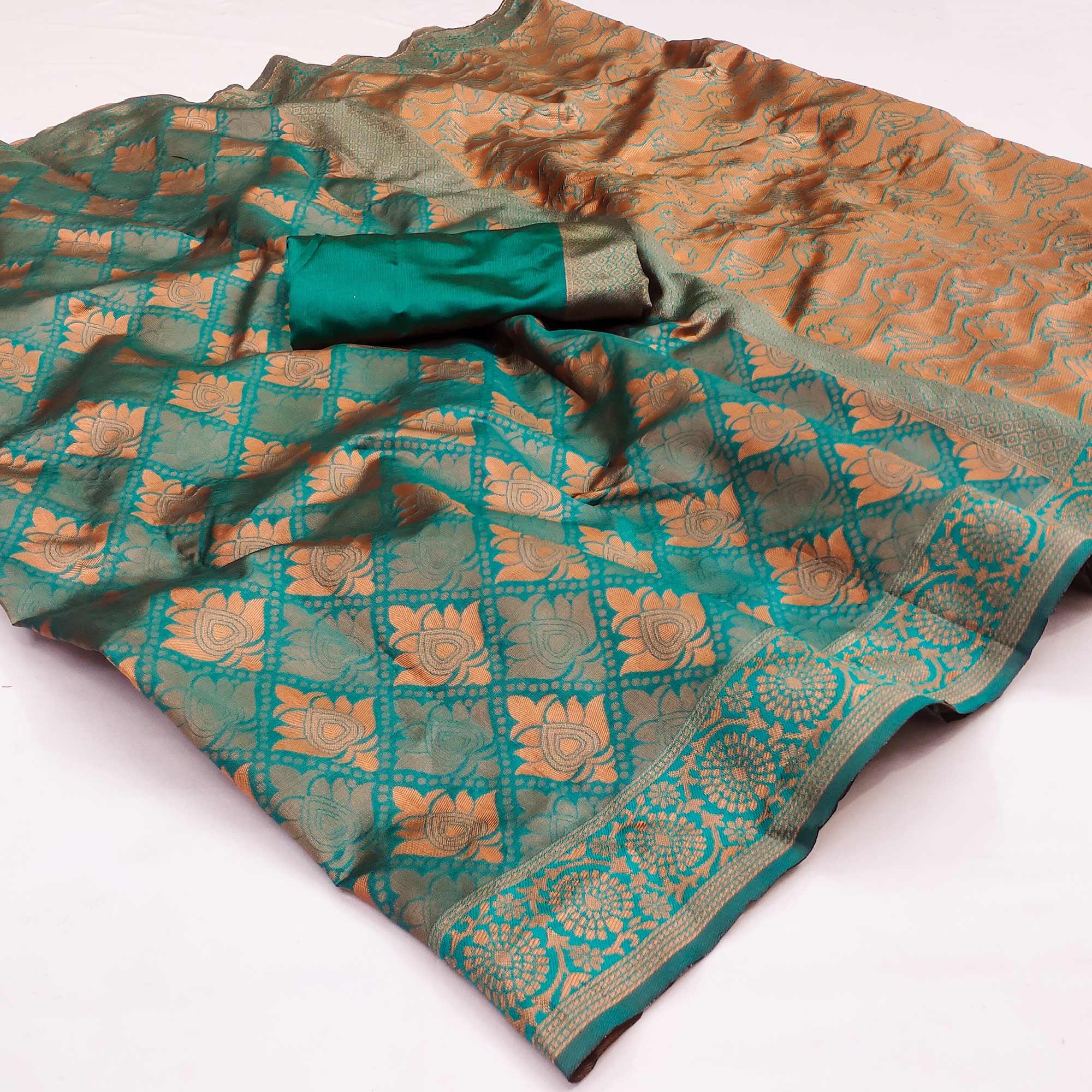 Rama Green Woven Banarasi Silk Saree - Peachmode