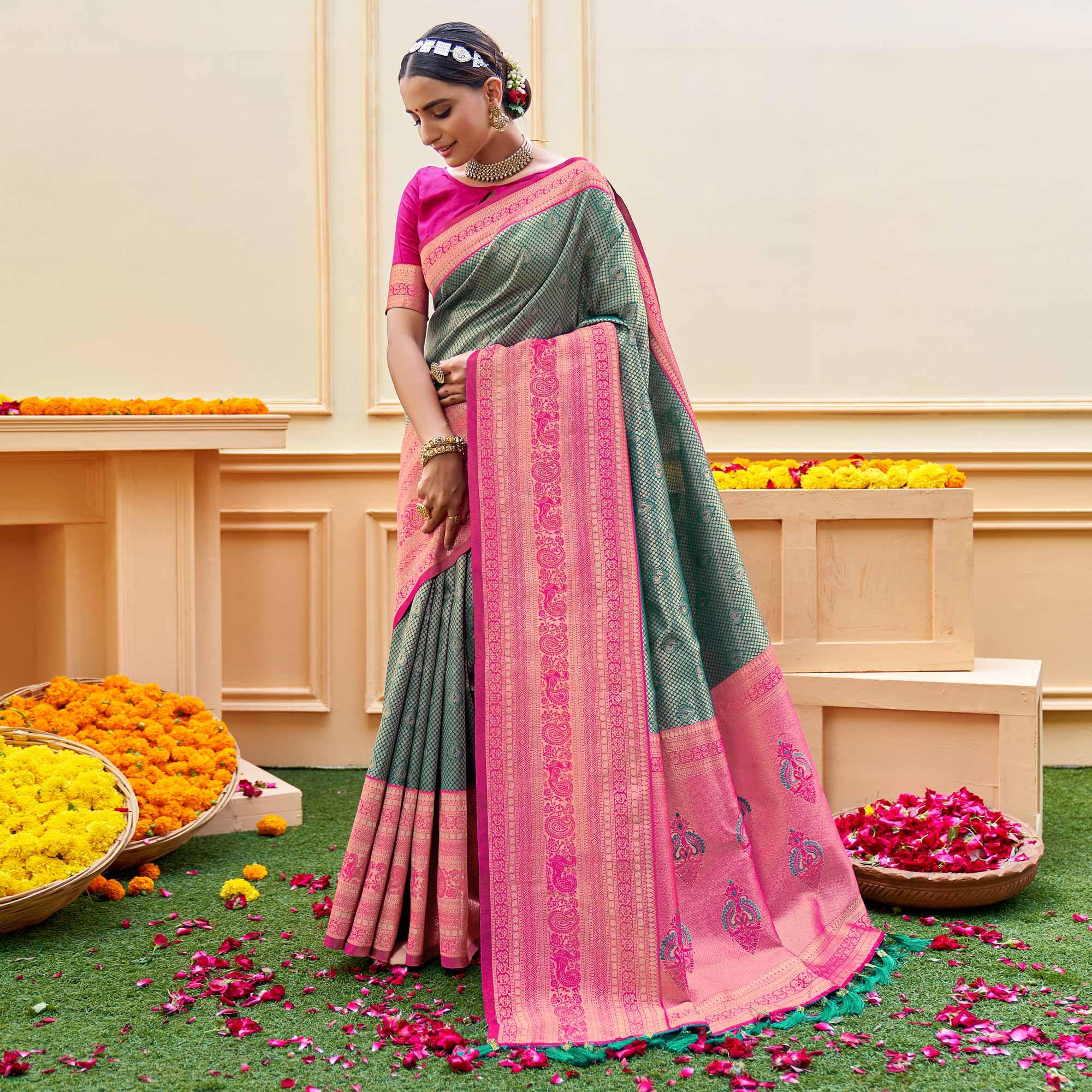 Rama Green Woven Banarasi Silk Saree - Peachmode