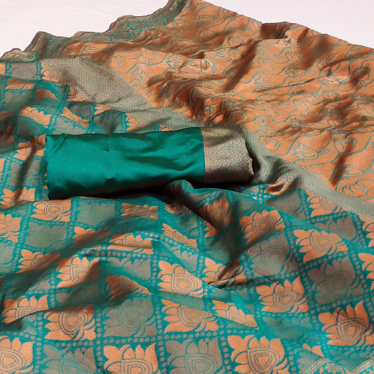 Rama Green Woven Banarasi Silk Saree - Peachmode