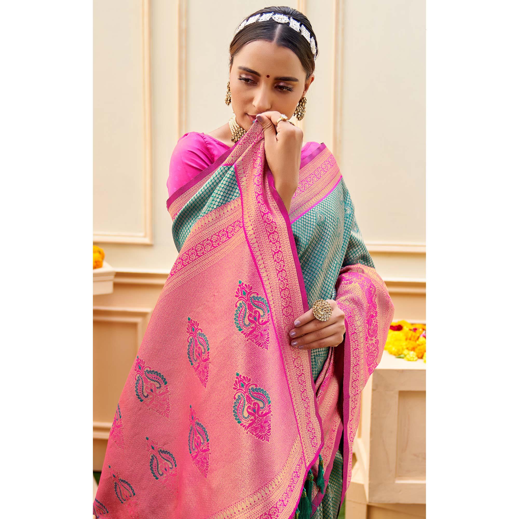 Rama Green Woven Banarasi Silk Saree - Peachmode