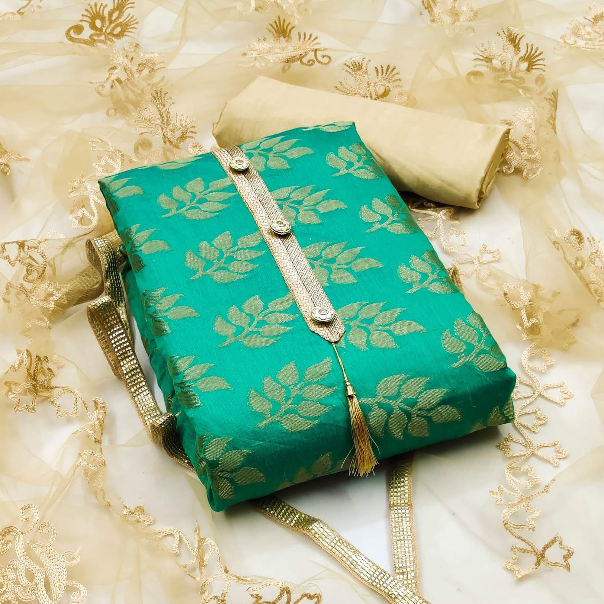 Rama Green Woven Chanderi Dress Material - Peachmode