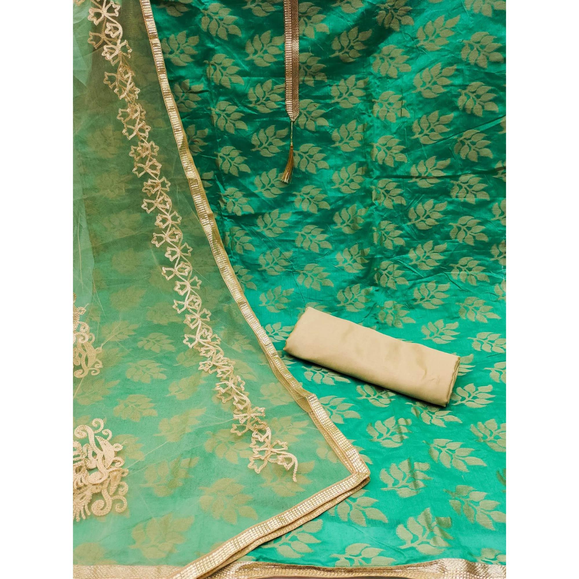 Rama Green Woven Chanderi Dress Material - Peachmode